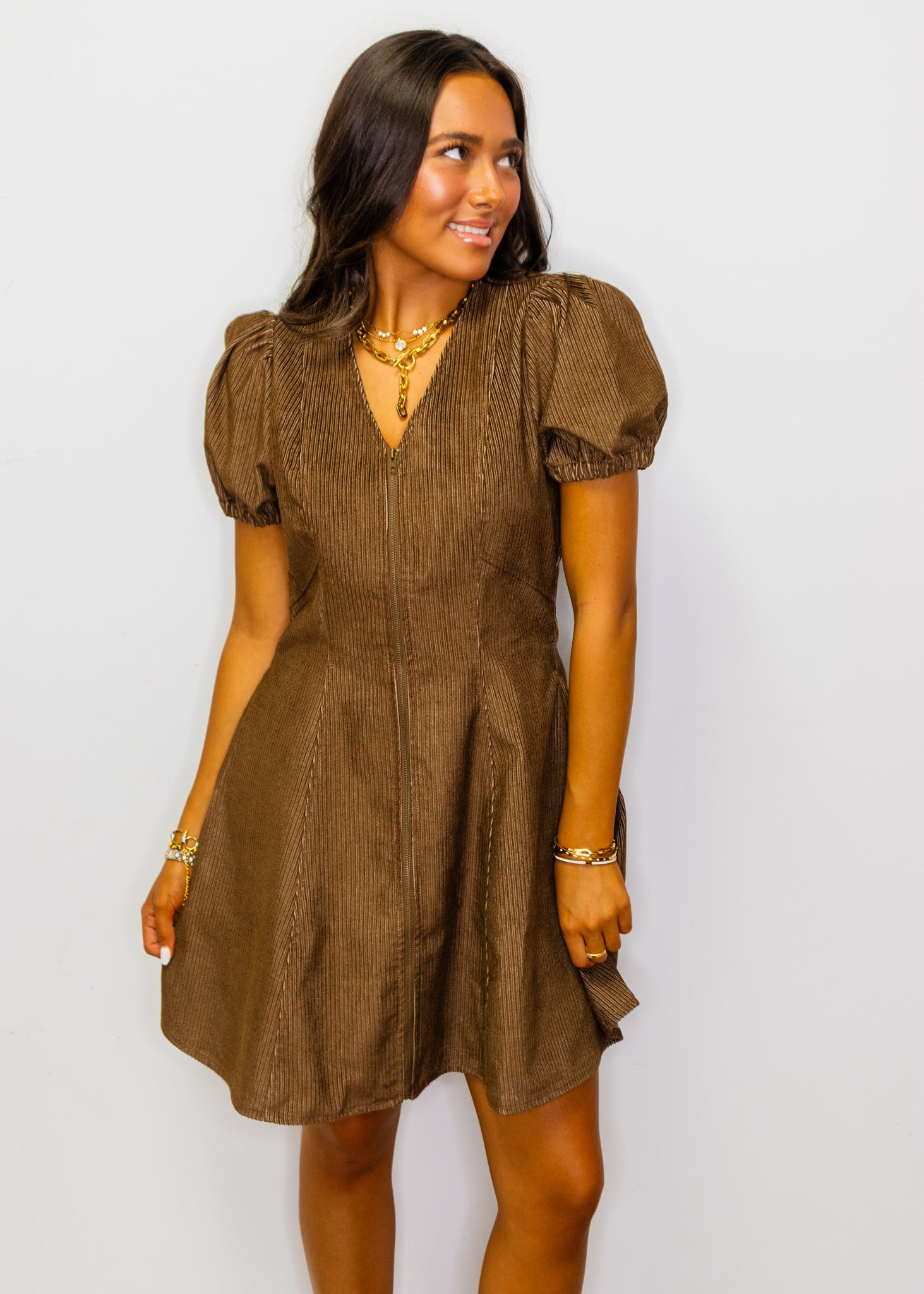 Brown Corduroy Puff Sleeve Mini Dress