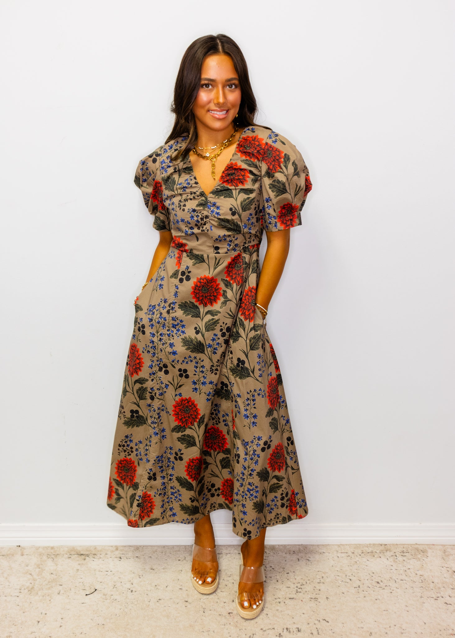 Mocha Multi Floral Midi Dress