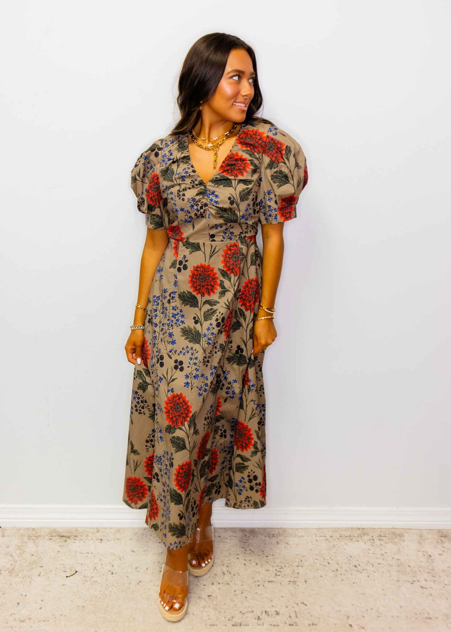 Mocha Multi Floral Midi Dress