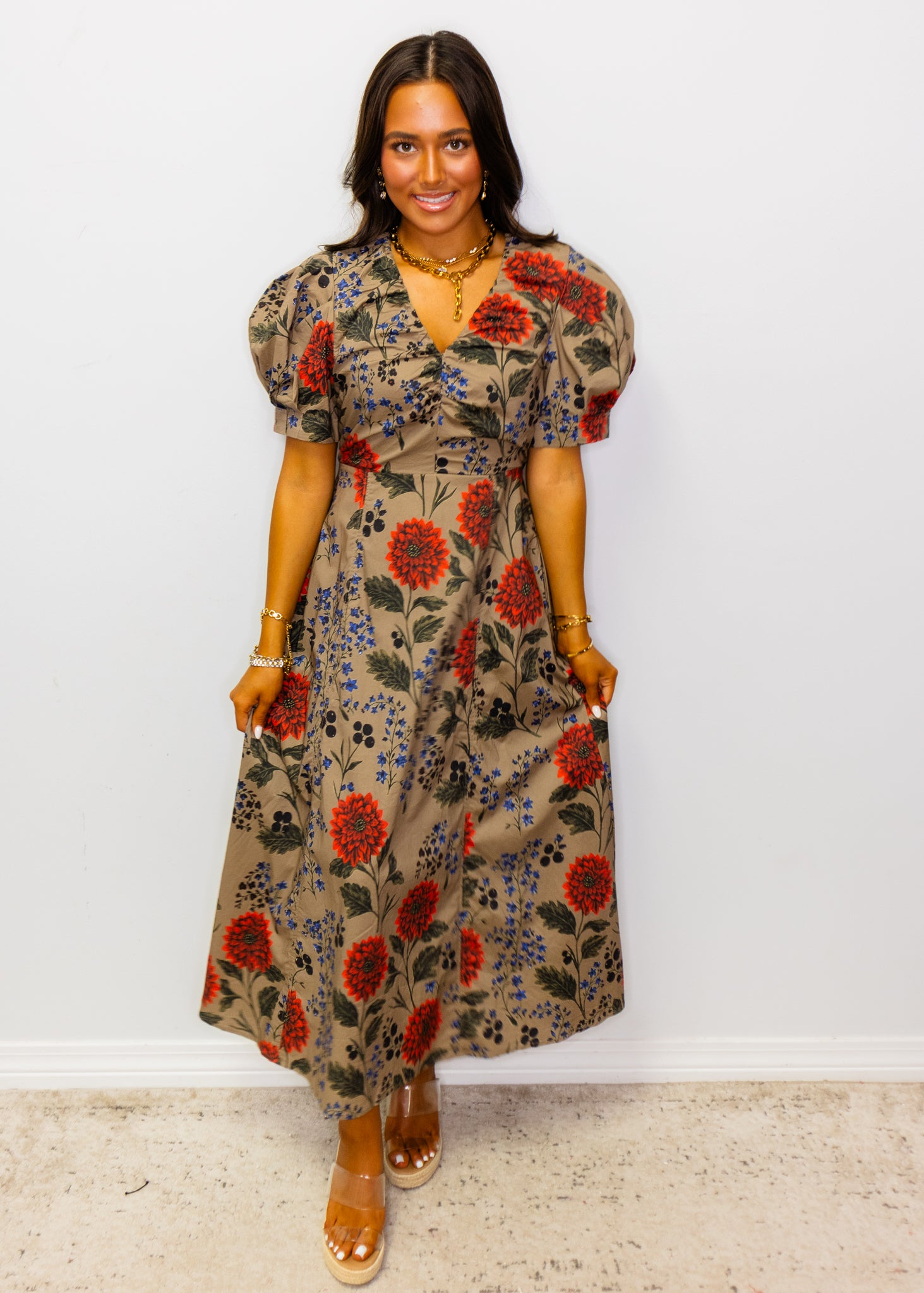 Mocha Multi Floral Midi Dress