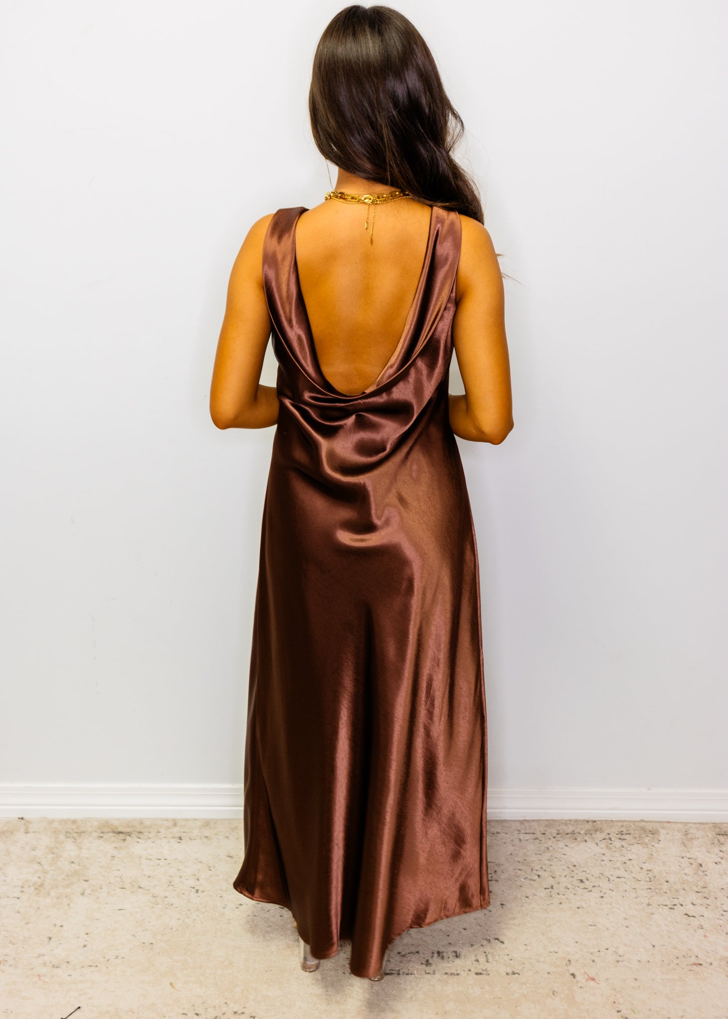 Bronze Satin Cowl Neck Midi Dress