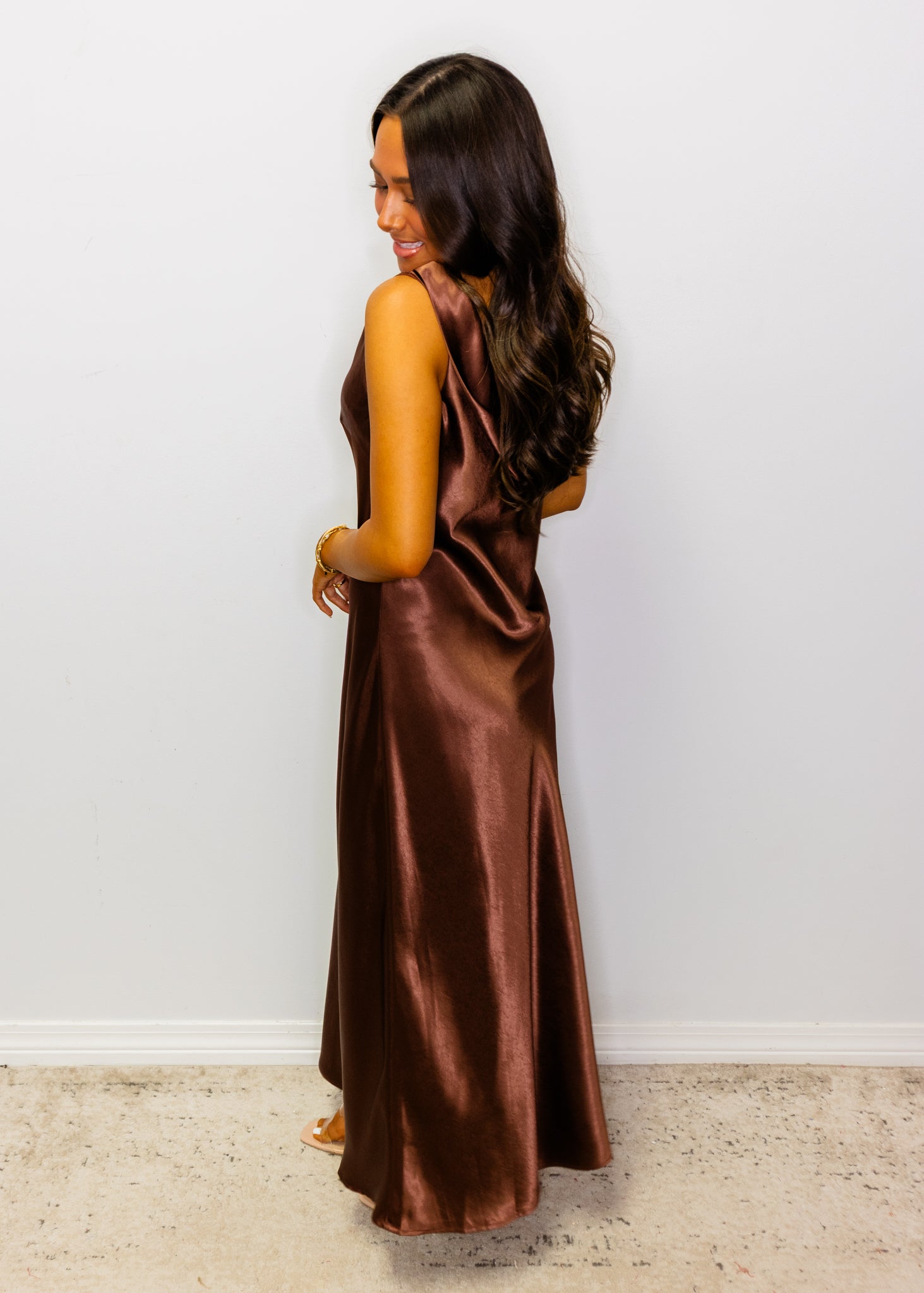 Bronze Satin Cowl Neck Midi Dress