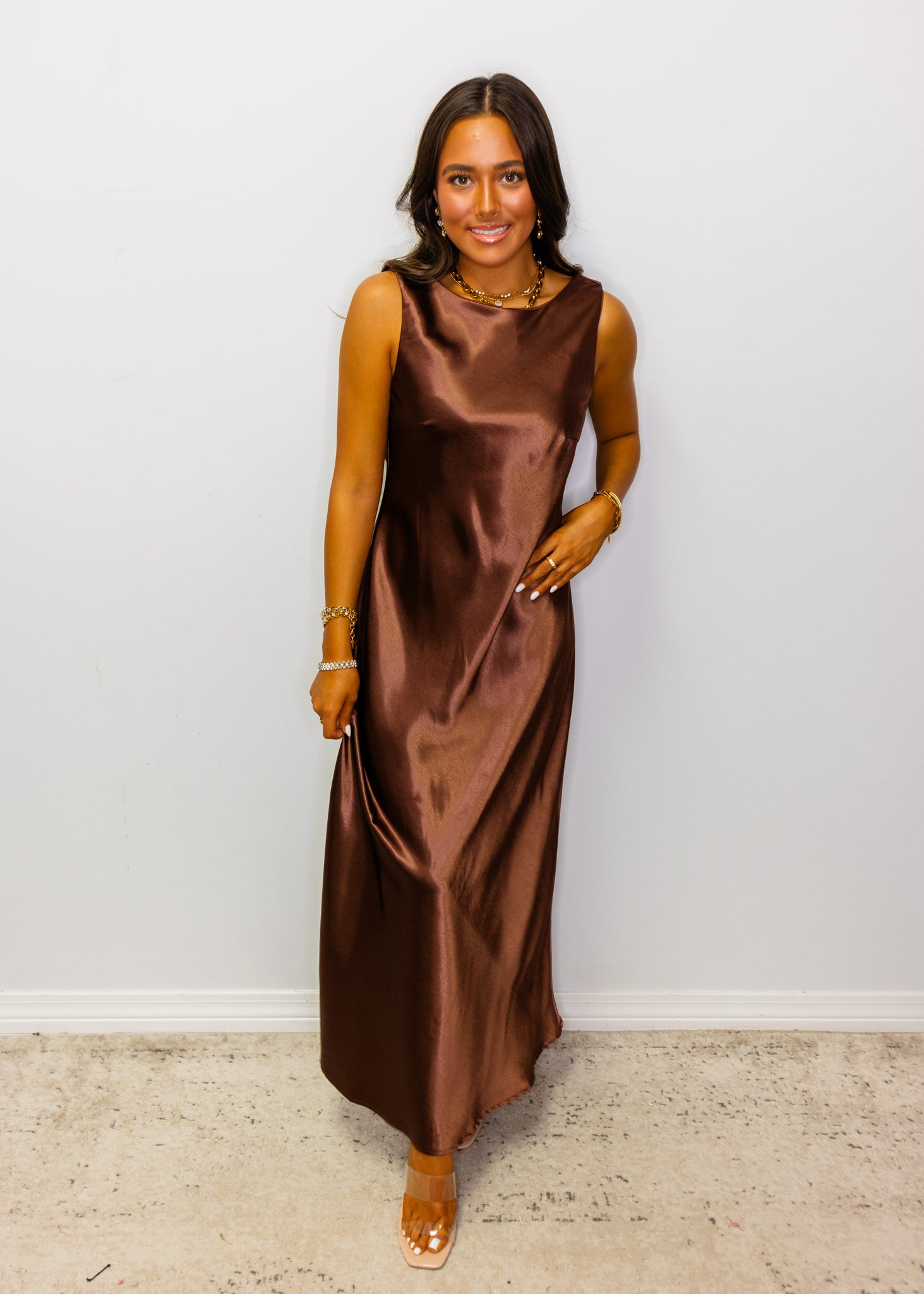 Bronze Satin Cowl Neck Midi Dress