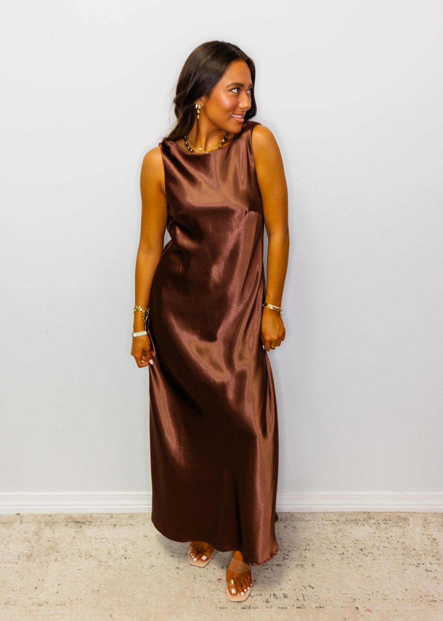 Bronze Satin Cowl Neck Midi Dress