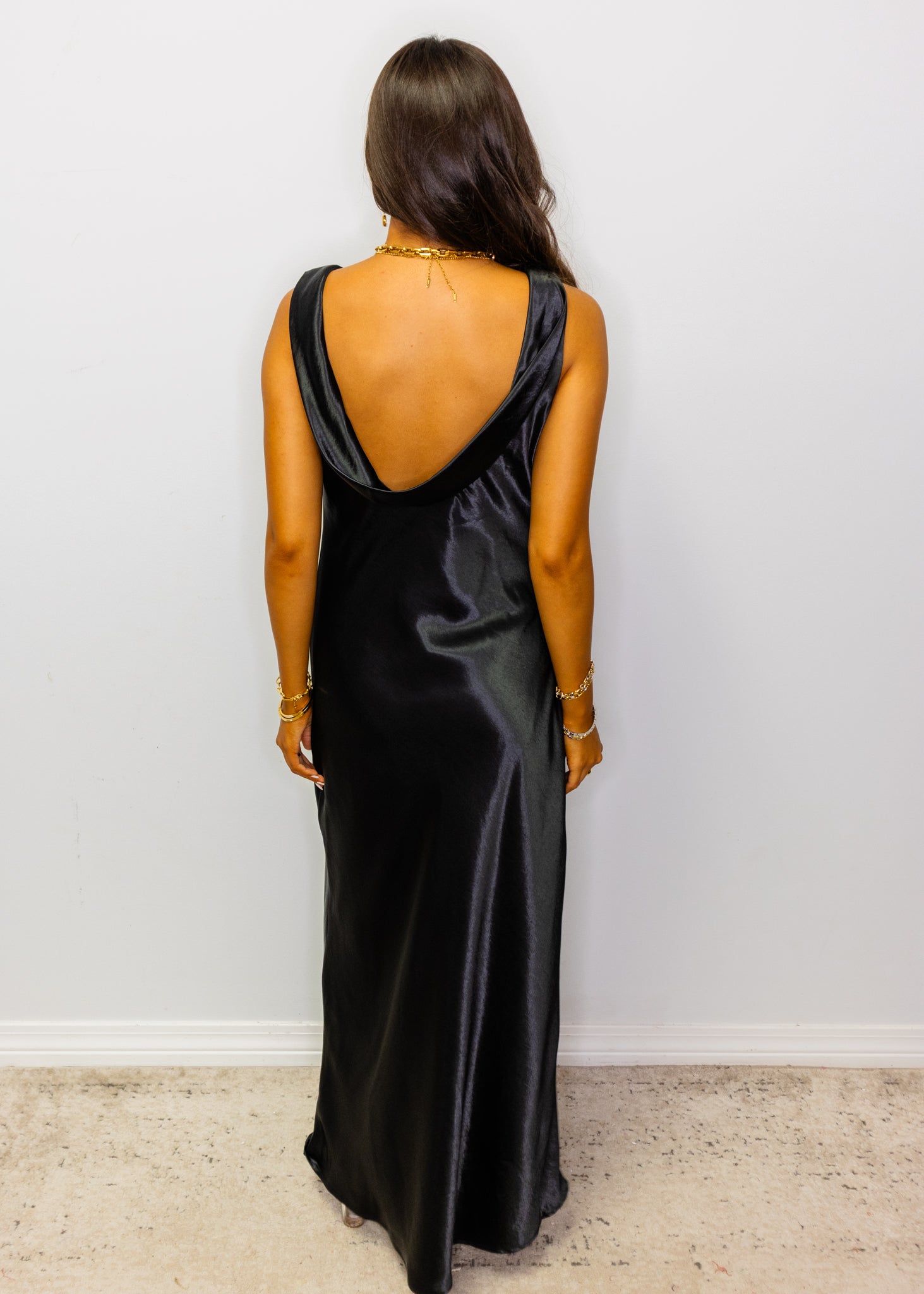 Black Satin Cowl Neck Midi Dress