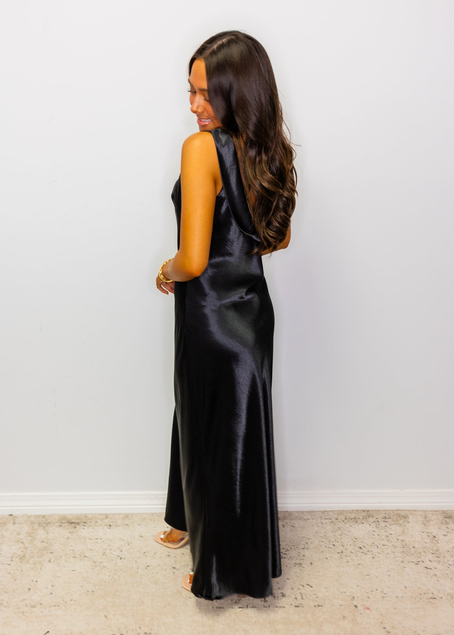Black Satin Cowl Neck Midi Dress