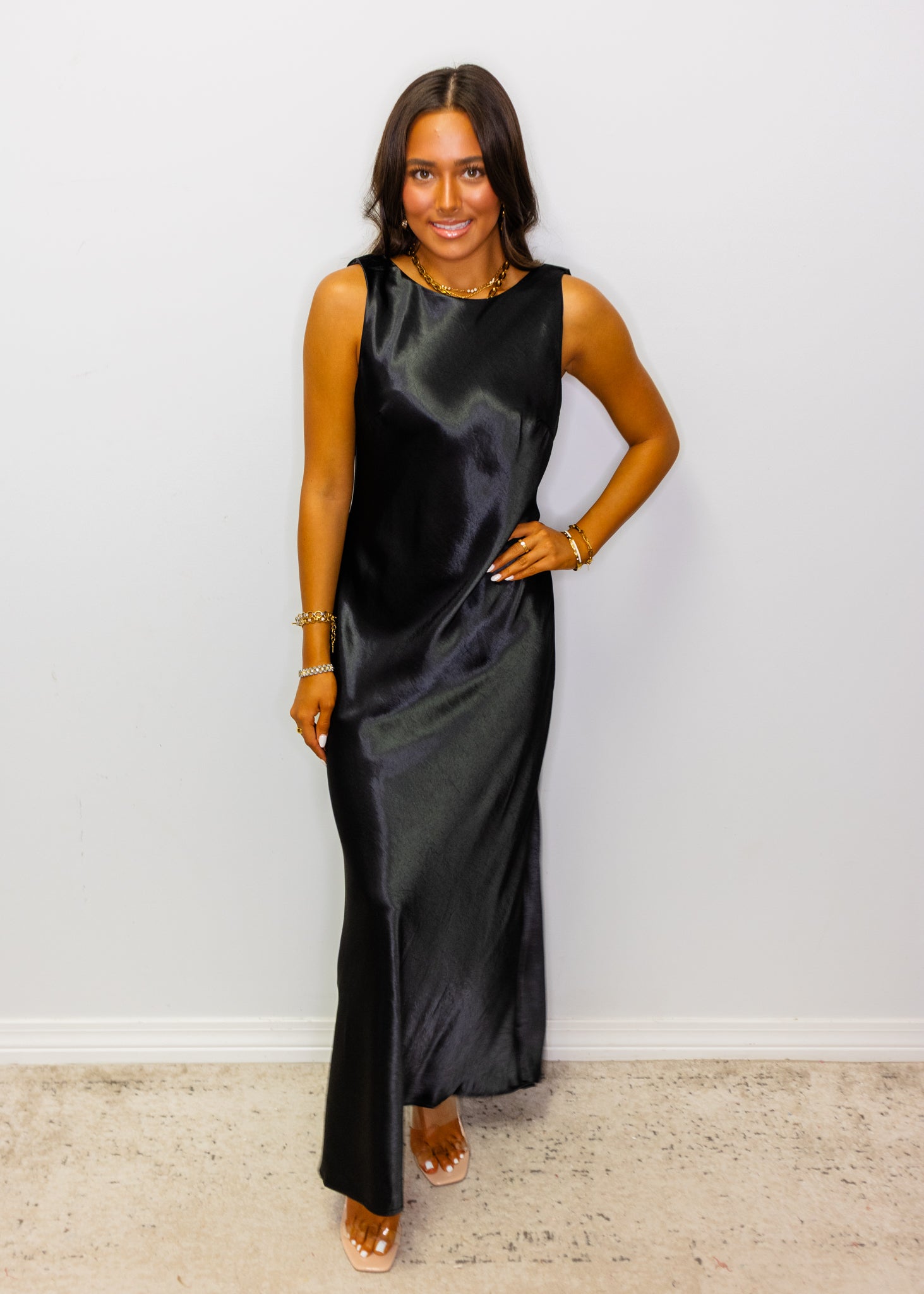 Black Satin Cowl Neck Midi Dress