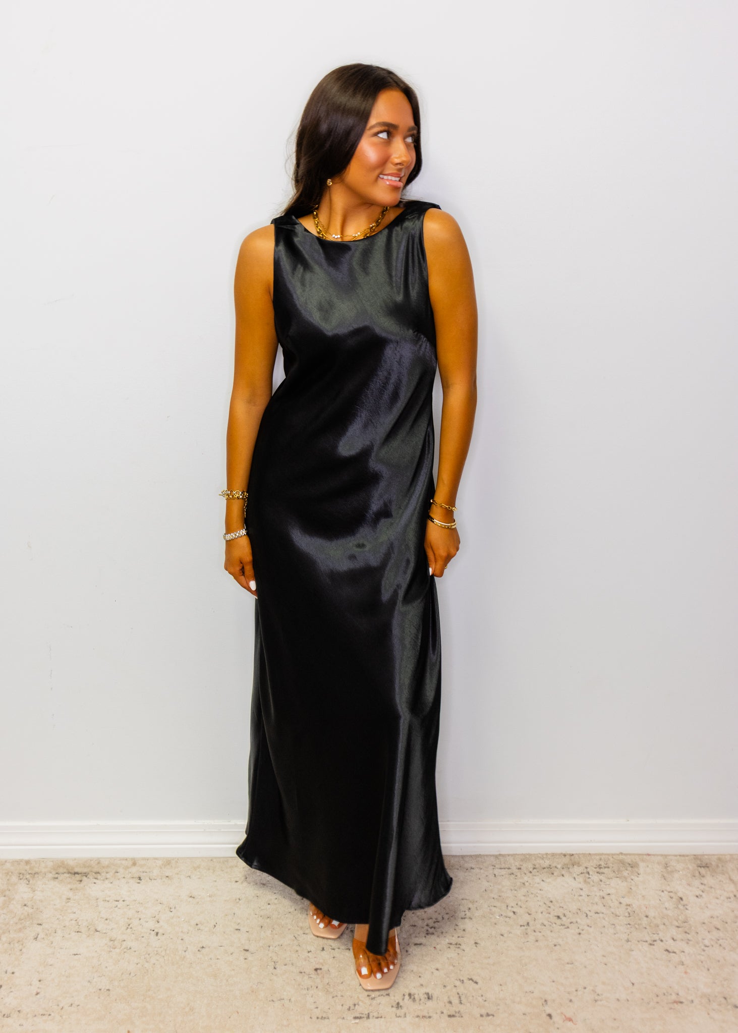 Black Satin Cowl Neck Midi Dress