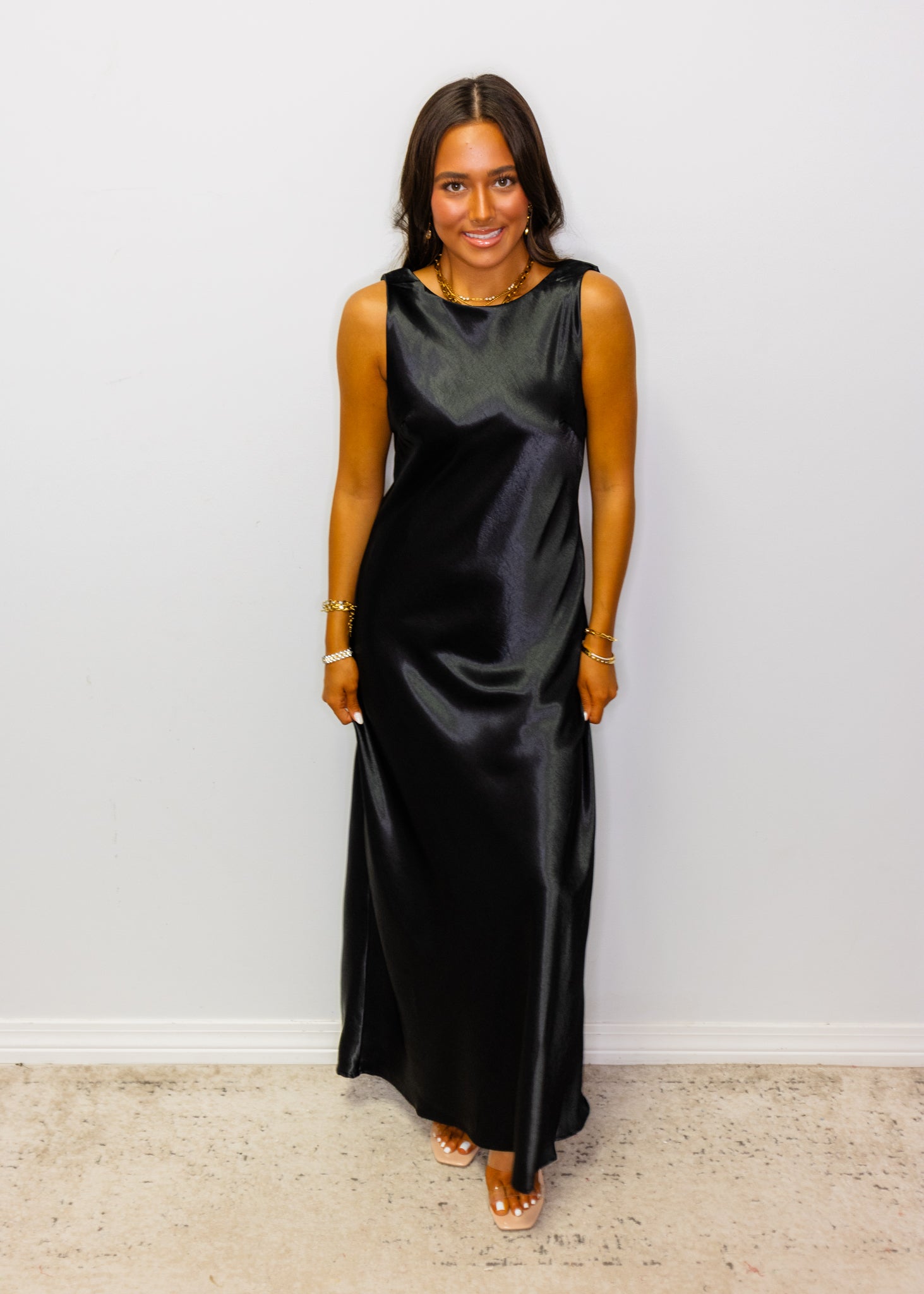 Black Satin Cowl Neck Midi Dress