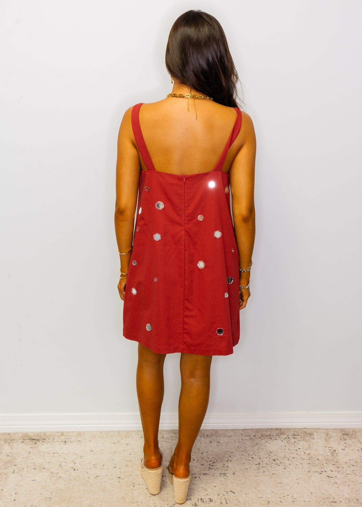 Crimson Mirror Embellished A-Line Dress