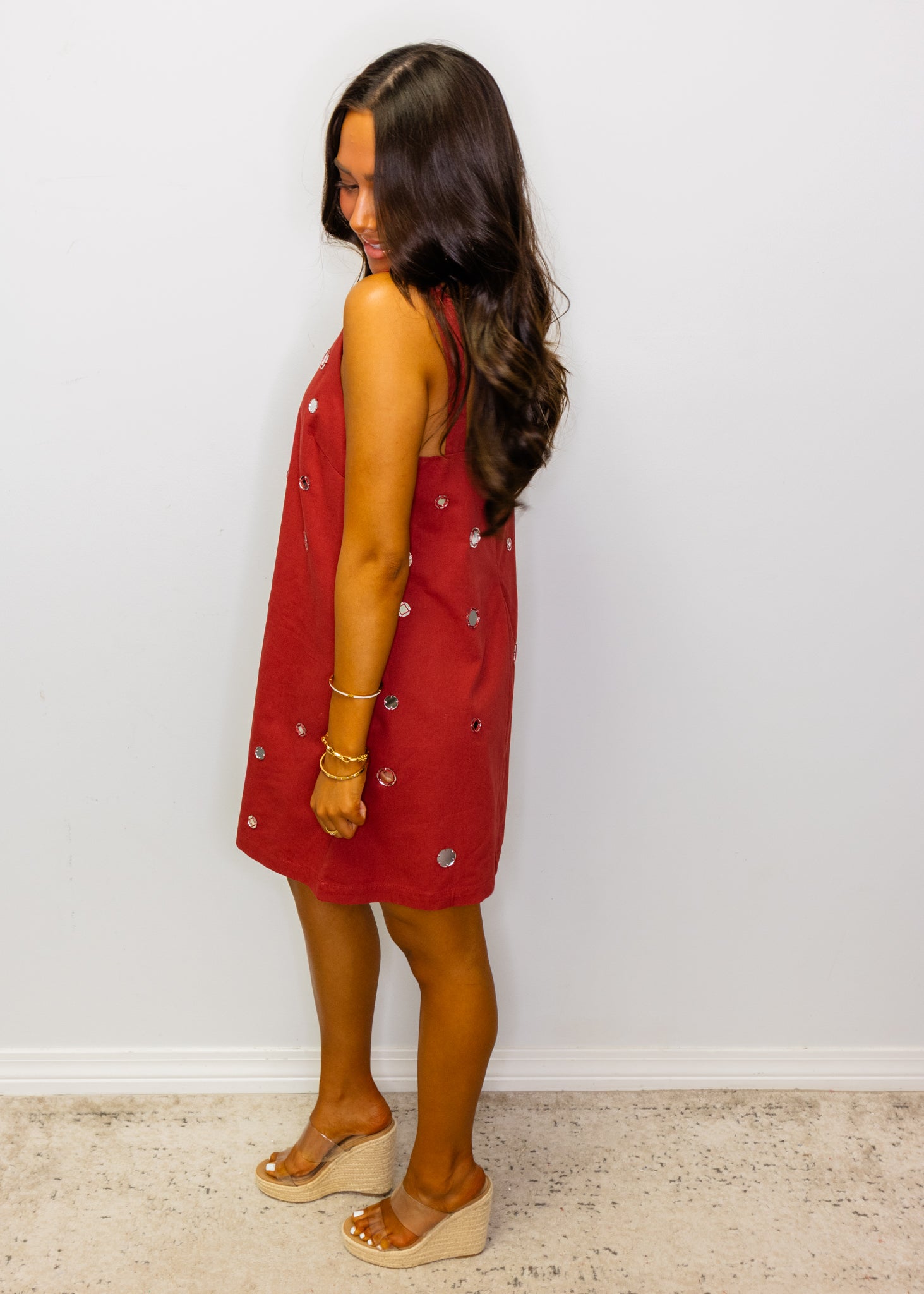 Crimson Mirror Embellished A-Line Dress
