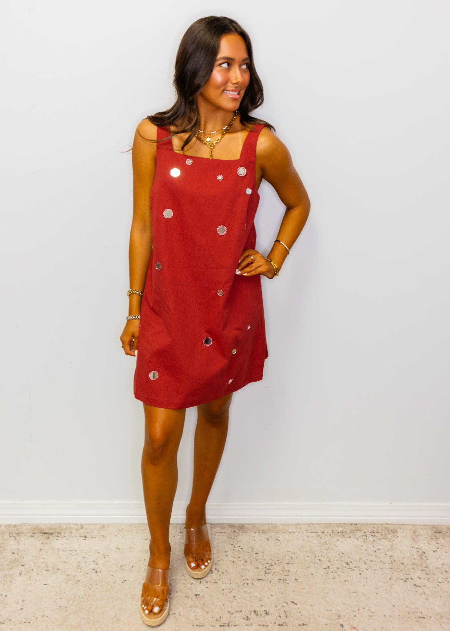 Crimson Mirror Embellished A-Line Dress