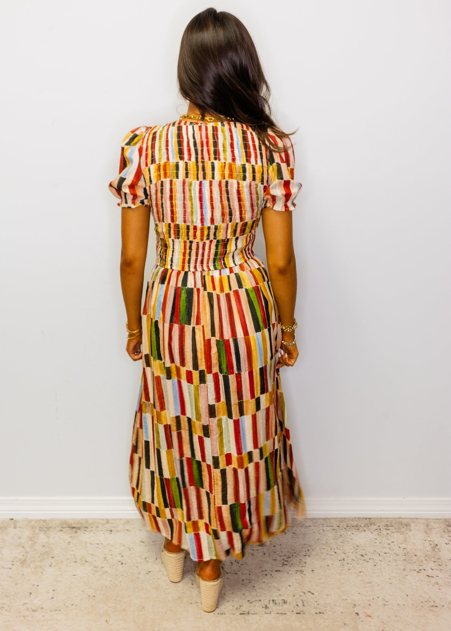 Multi Fall Colors Smocked Midi Dress