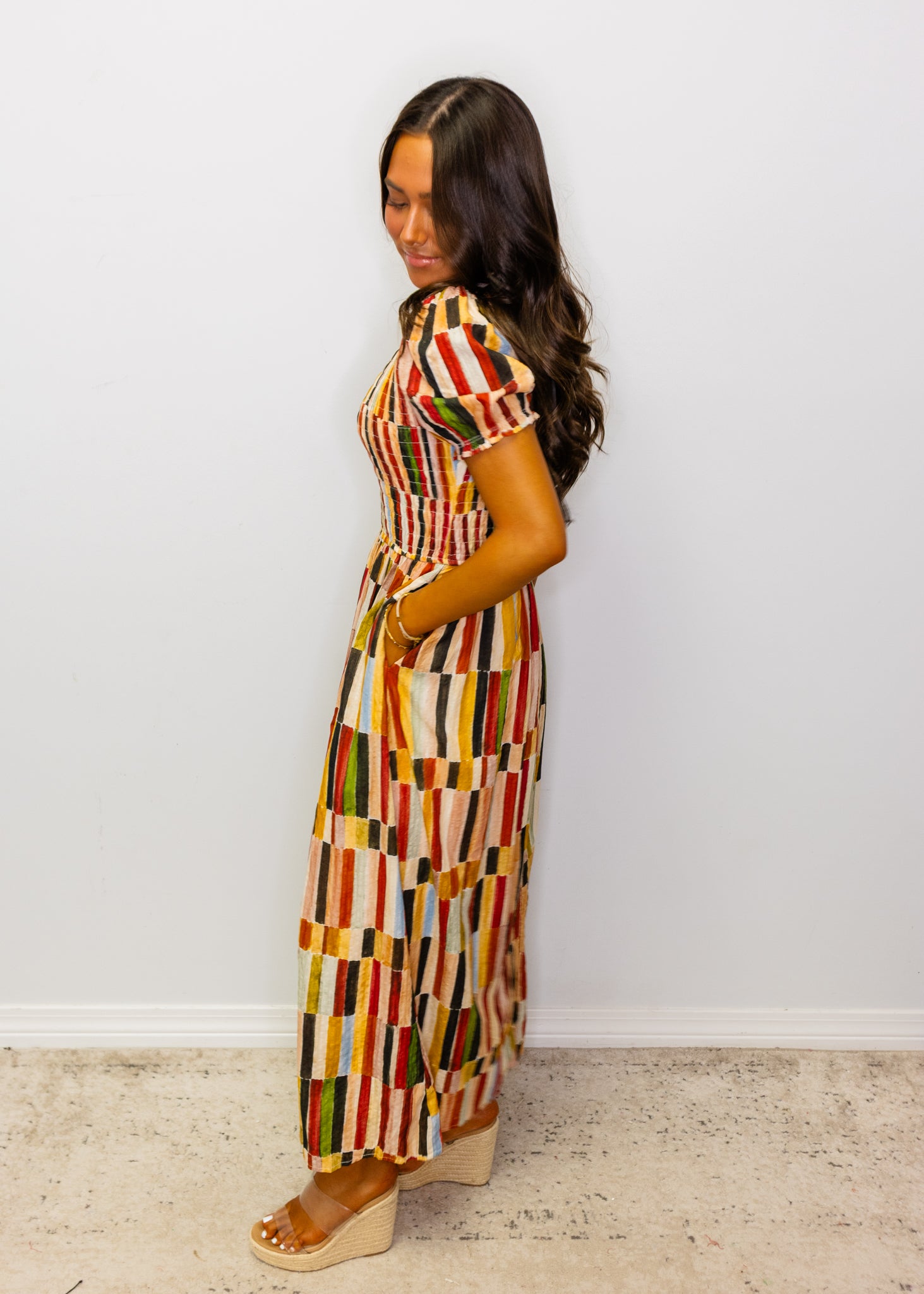 Multi Fall Colors Smocked Midi Dress