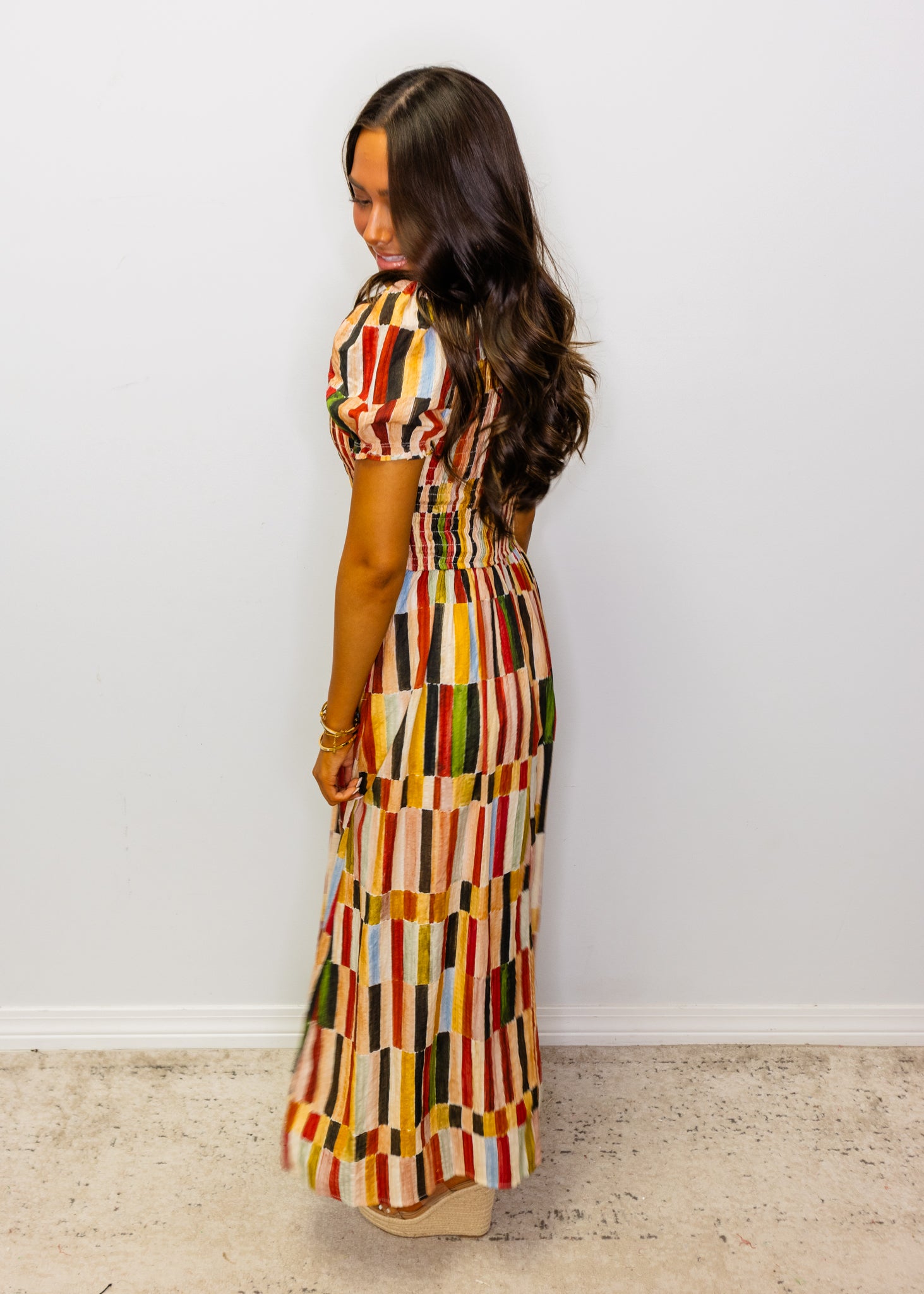 Multi Fall Colors Smocked Midi Dress