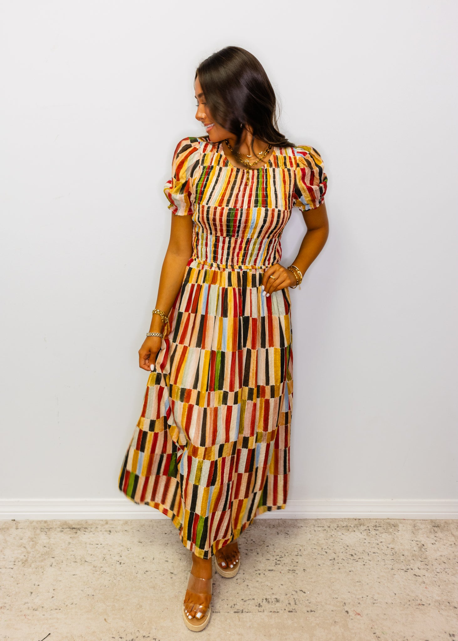 Multi Fall Colors Smocked Midi Dress