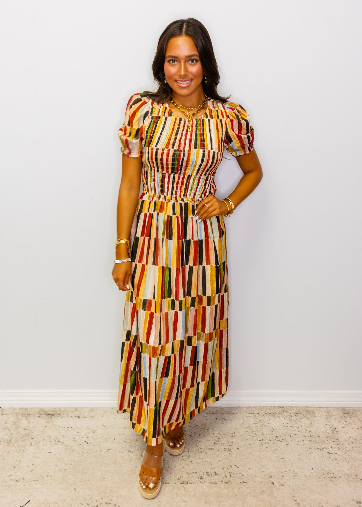 Multi Fall Colors Smocked Midi Dress