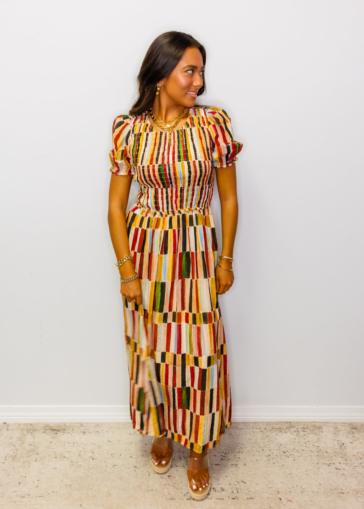 Multi Fall Colors Smocked Midi Dress
