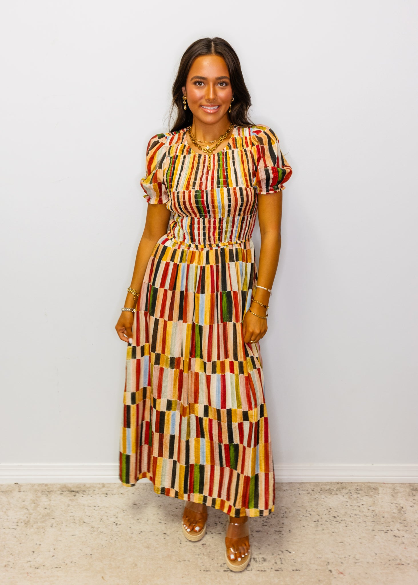 Multi Fall Colors Smocked Midi Dress