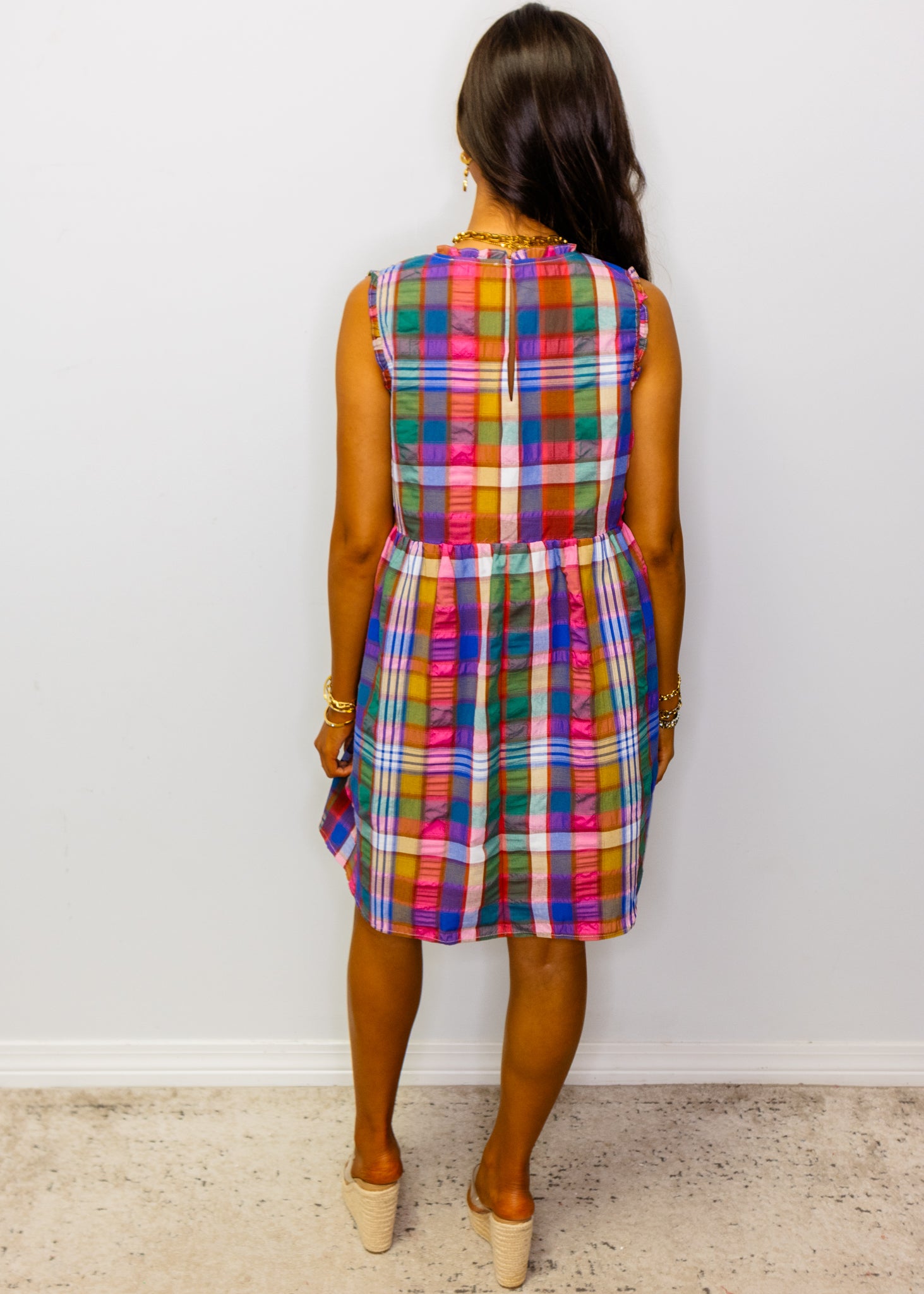 Multicolor Plaid V-Neck Babydoll Dress