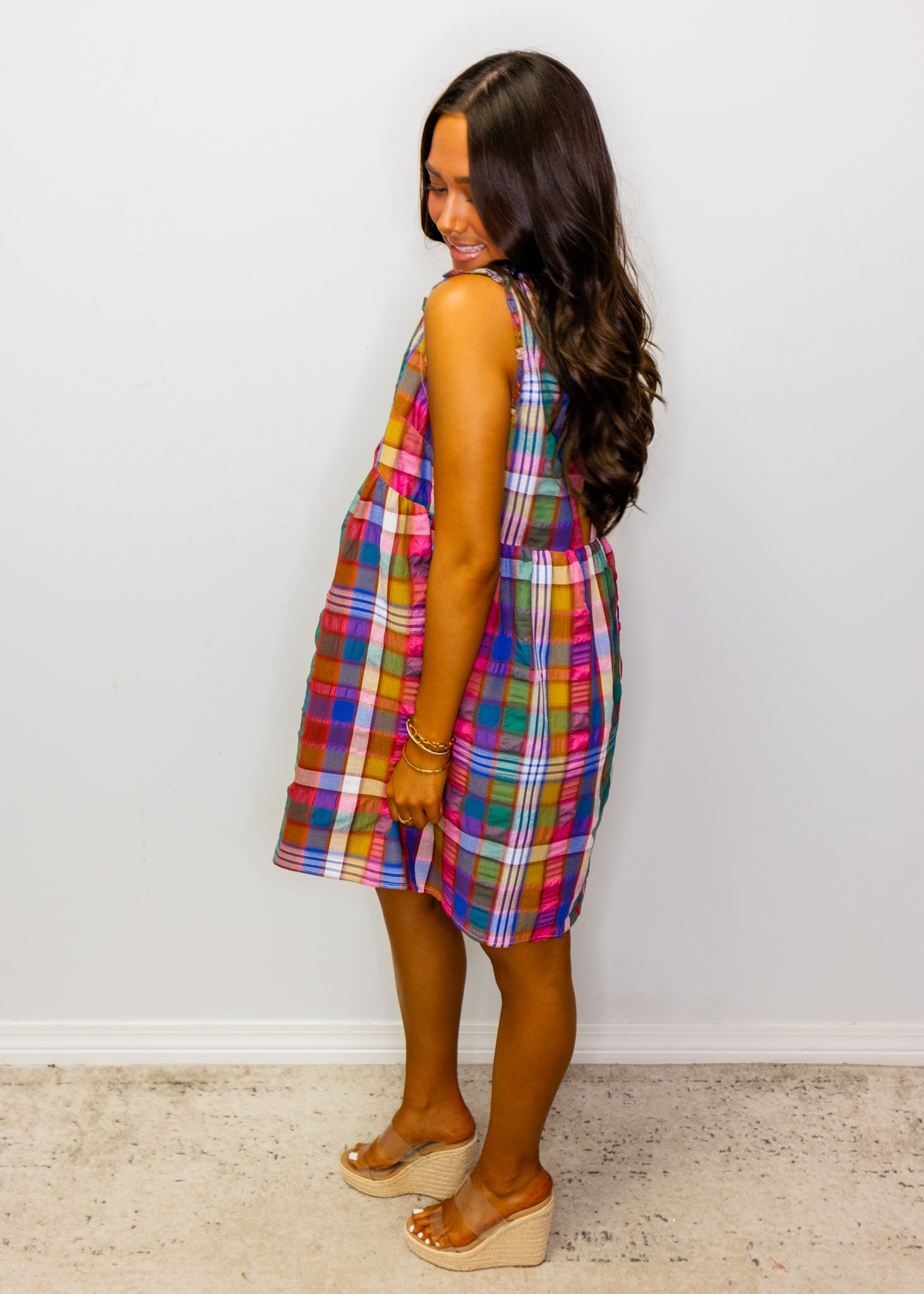 Multicolor Plaid V-Neck Babydoll Dress