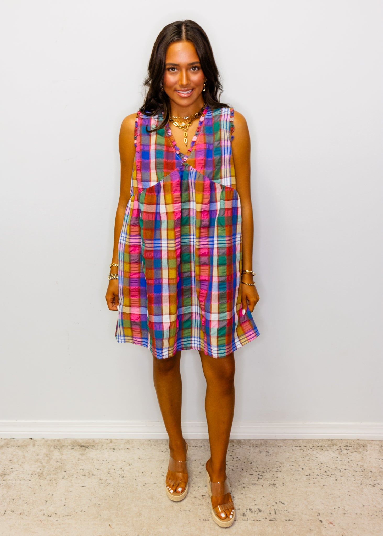Multicolor Plaid V-Neck Babydoll Dress