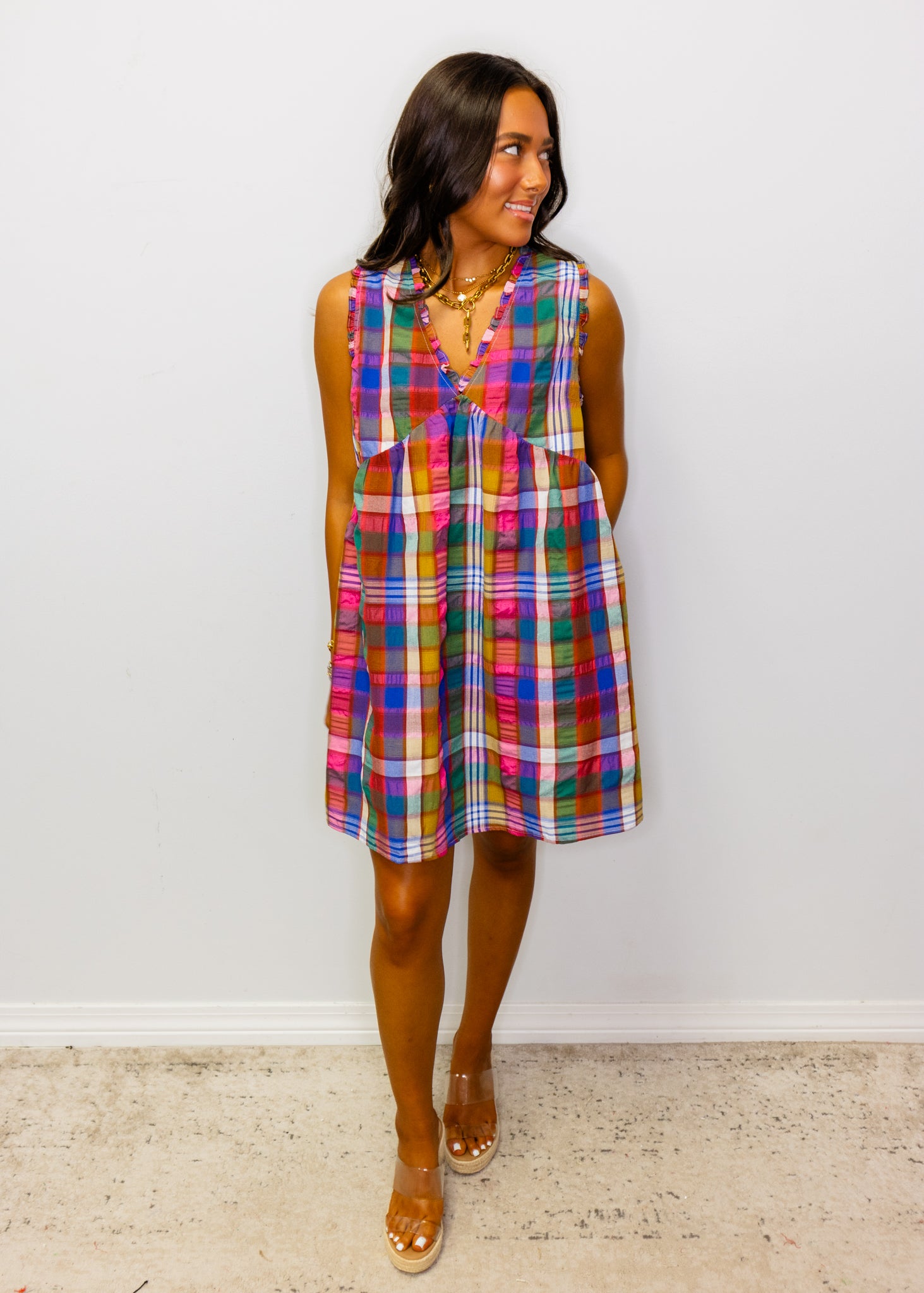 Multicolor Plaid V-Neck Babydoll Dress
