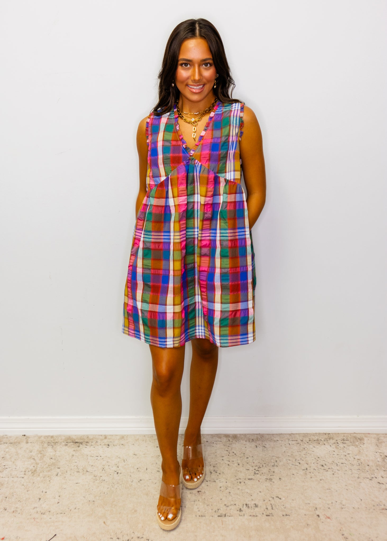 Multicolor Plaid V-Neck Babydoll Dress