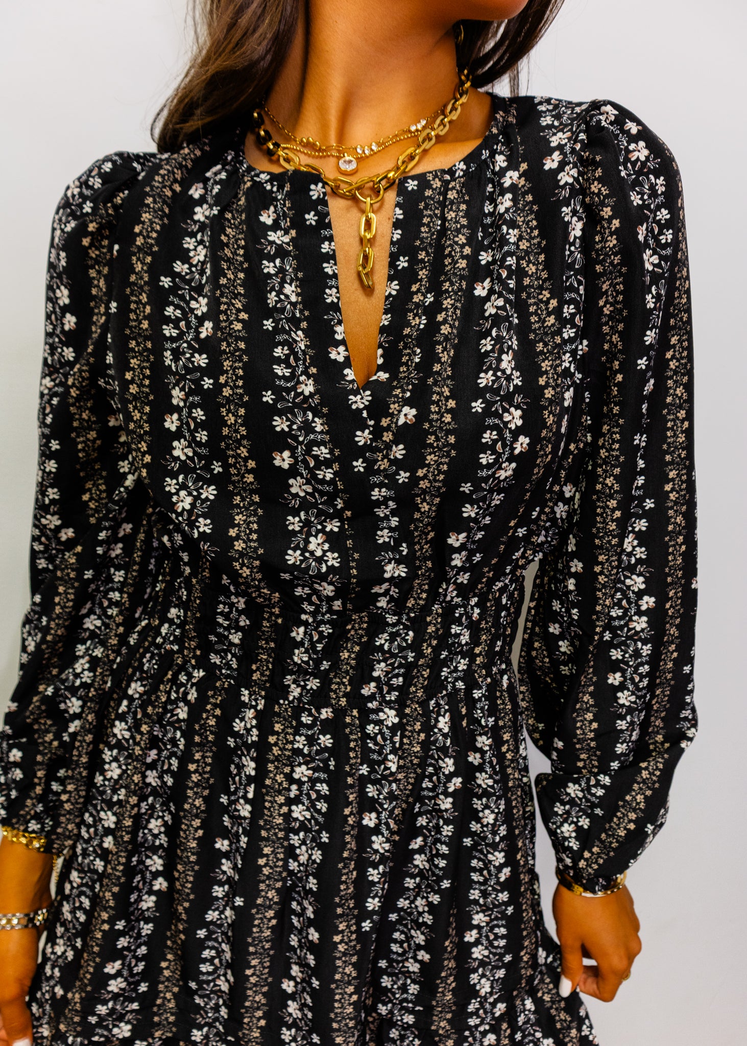Black Floral Print Long Sleeve Dress