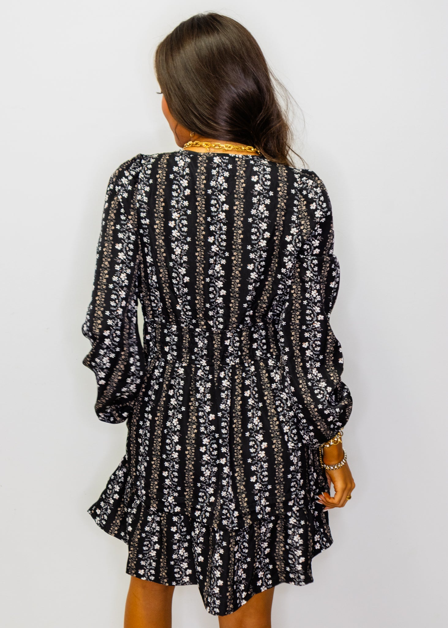 Black Floral Print Long Sleeve Dress