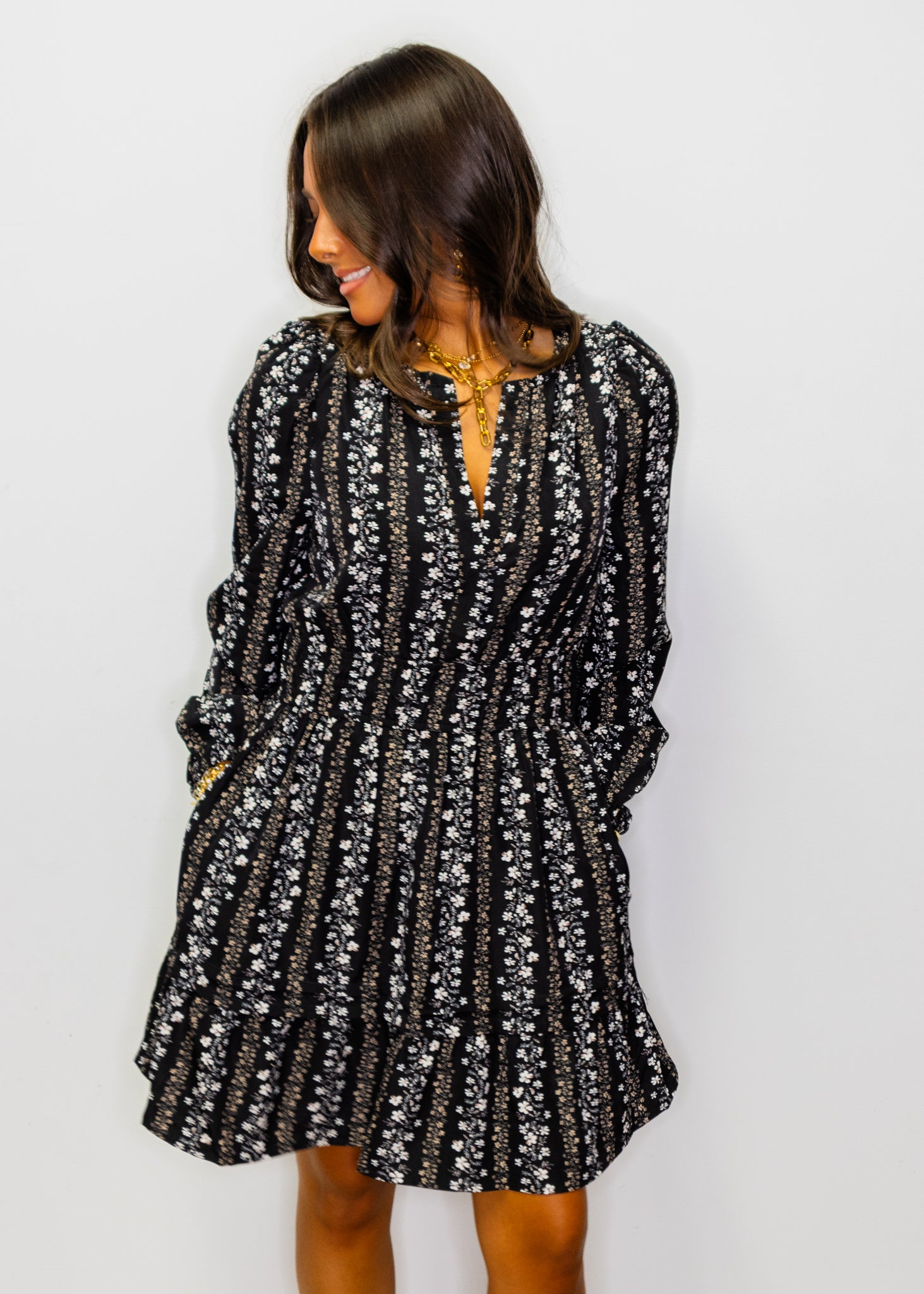 Black Floral Print Long Sleeve Dress