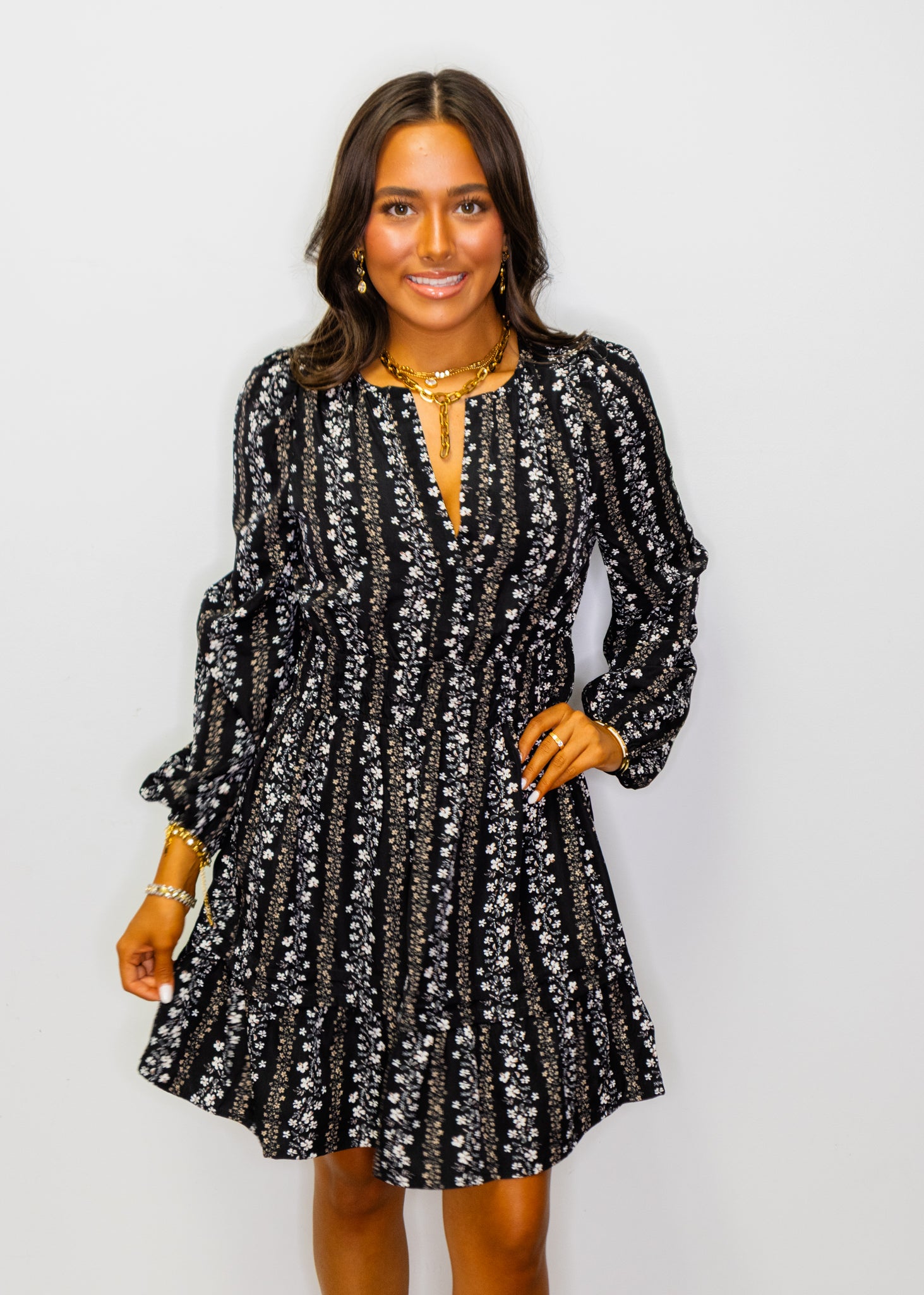 Black Floral Print Long Sleeve Dress