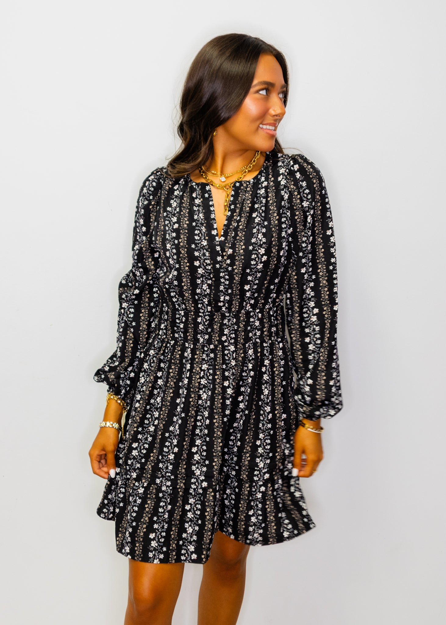 Black Floral Print Long Sleeve Dress
