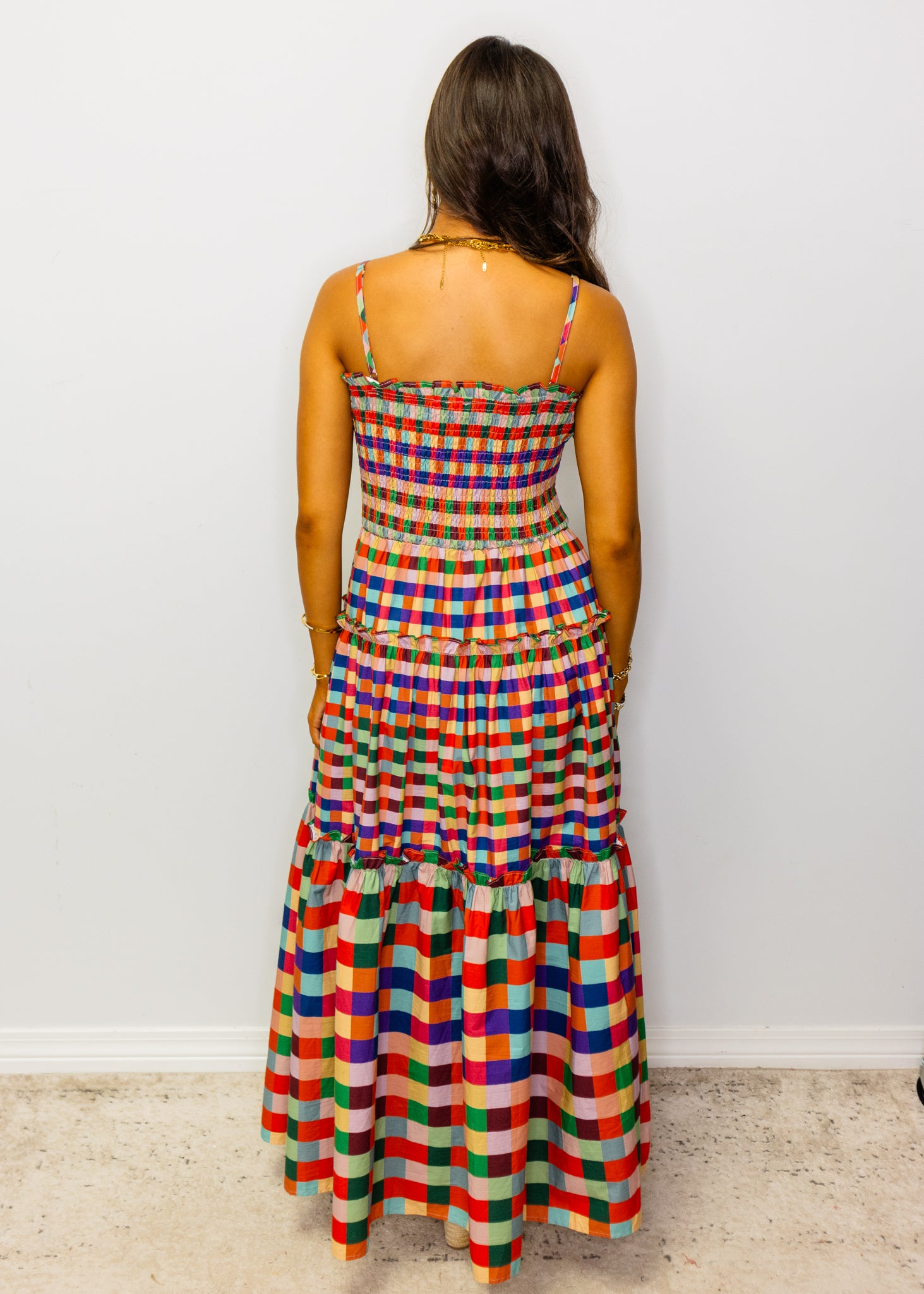 Multi Color Plaid Spaghetti Strap Midi Dress