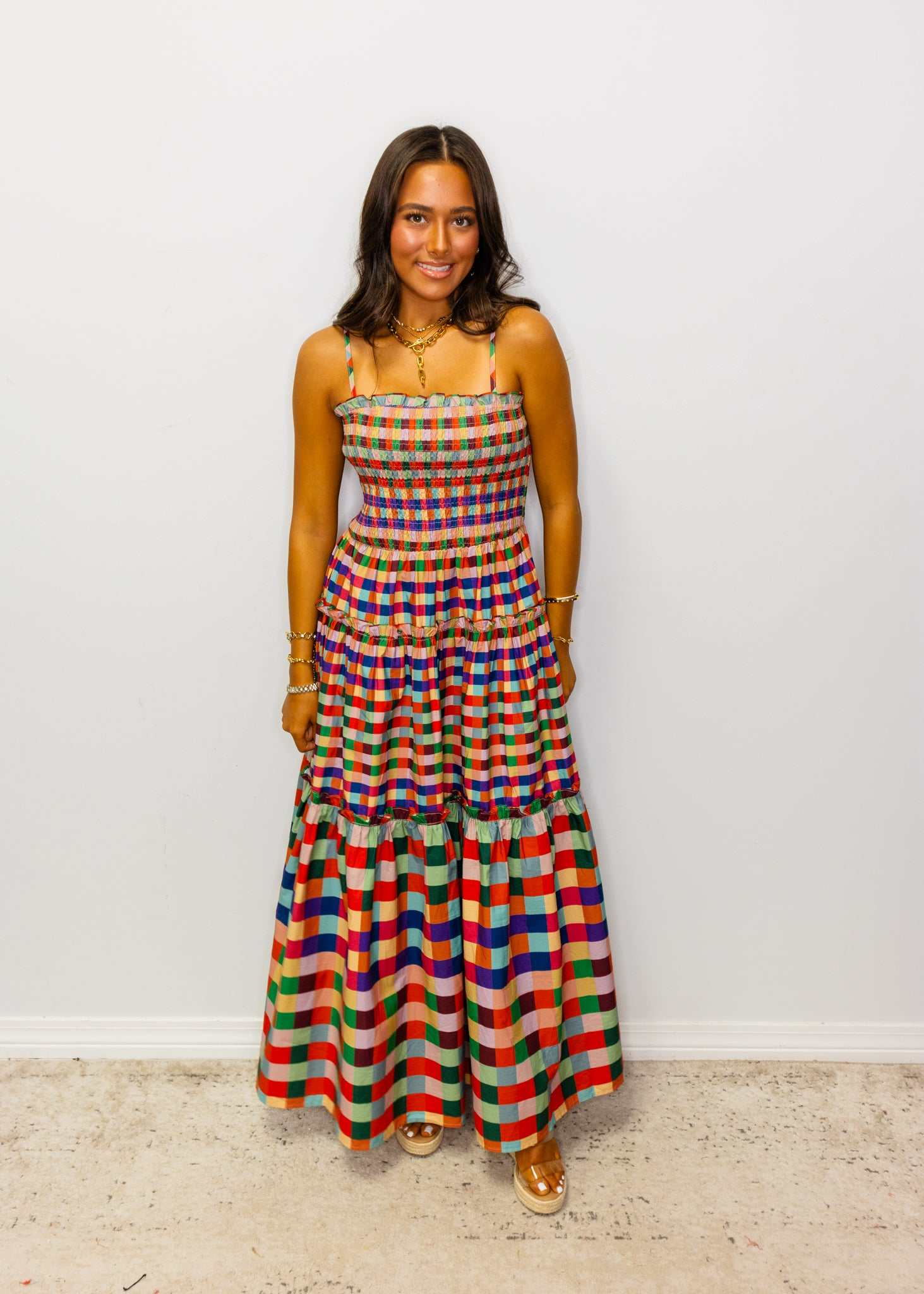 Multi Color Plaid Spaghetti Strap Midi Dress