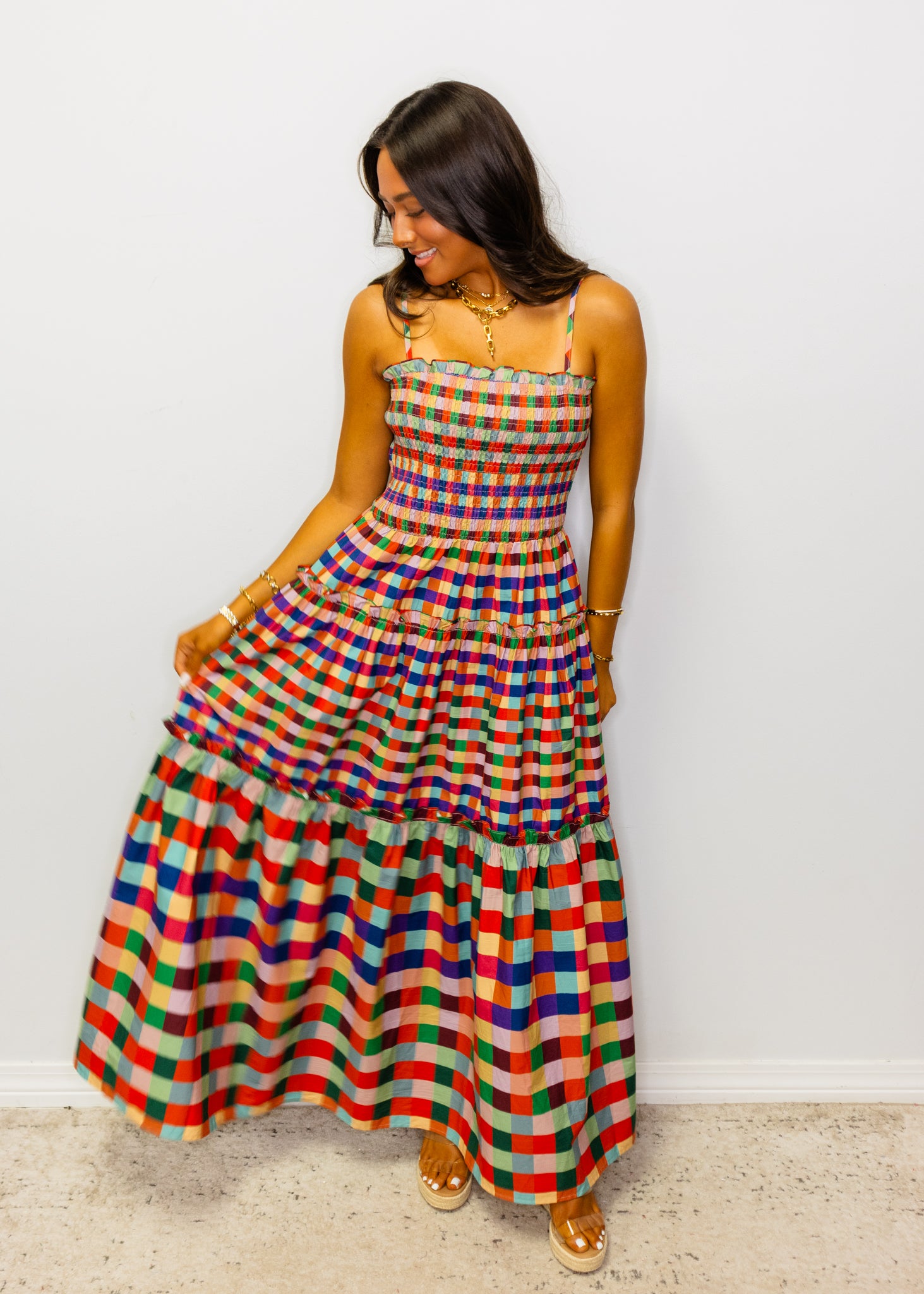 Multi Color Plaid Spaghetti Strap Midi Dress