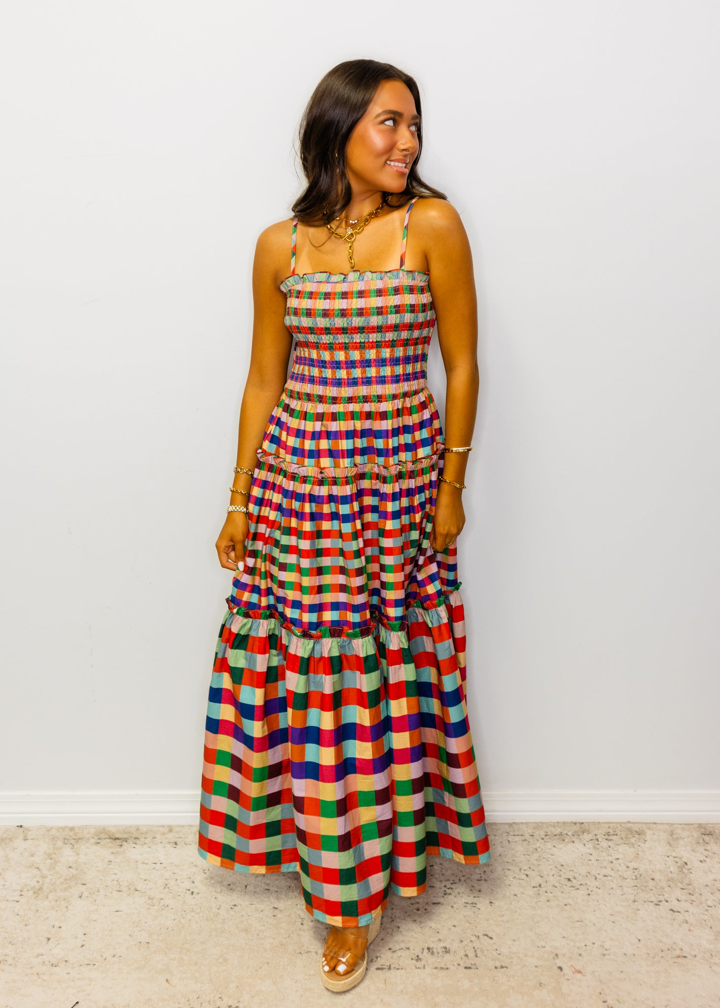 Multi Color Plaid Spaghetti Strap Midi Dress
