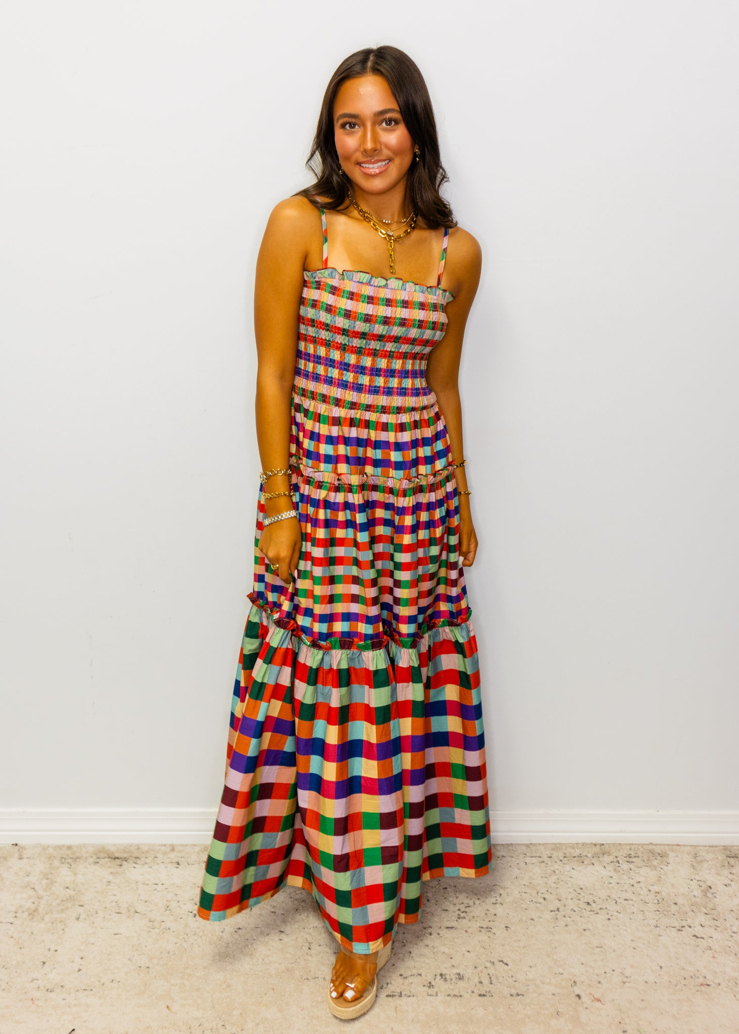 Multi Color Plaid Spaghetti Strap Midi Dress