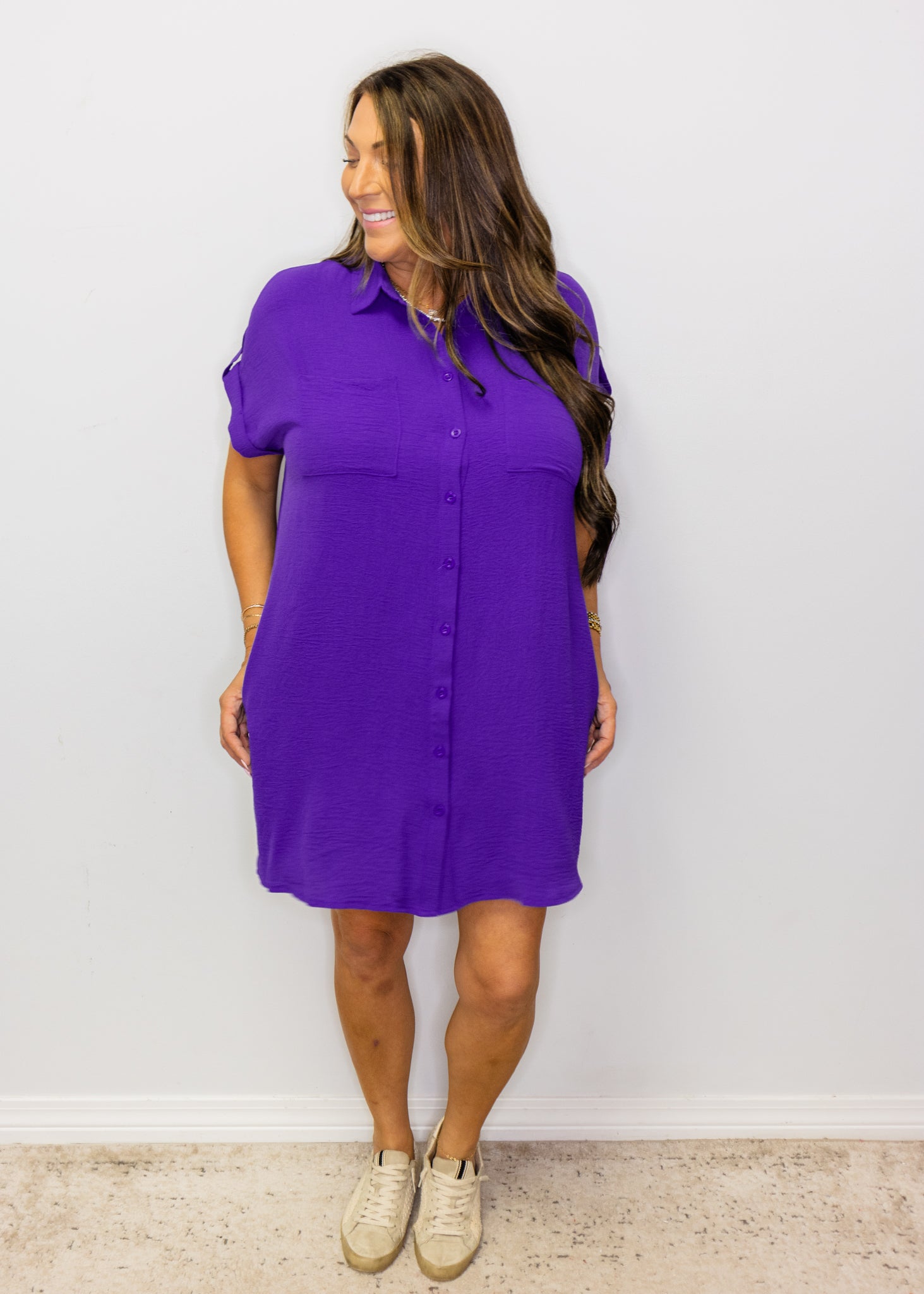 Purple Button Up Pocket Dress