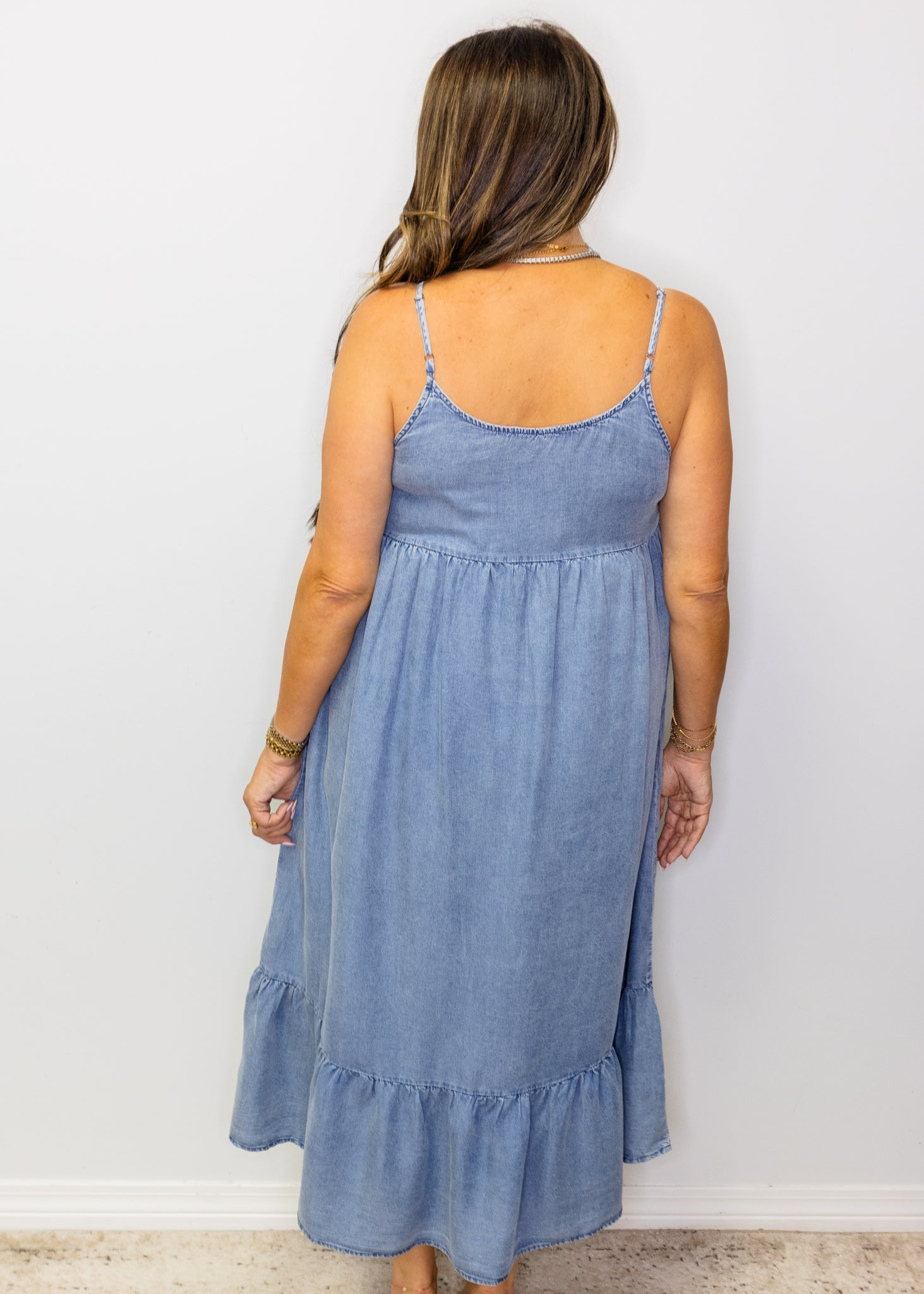 Tencel Chambray Tiered Ruffle Midi Dress