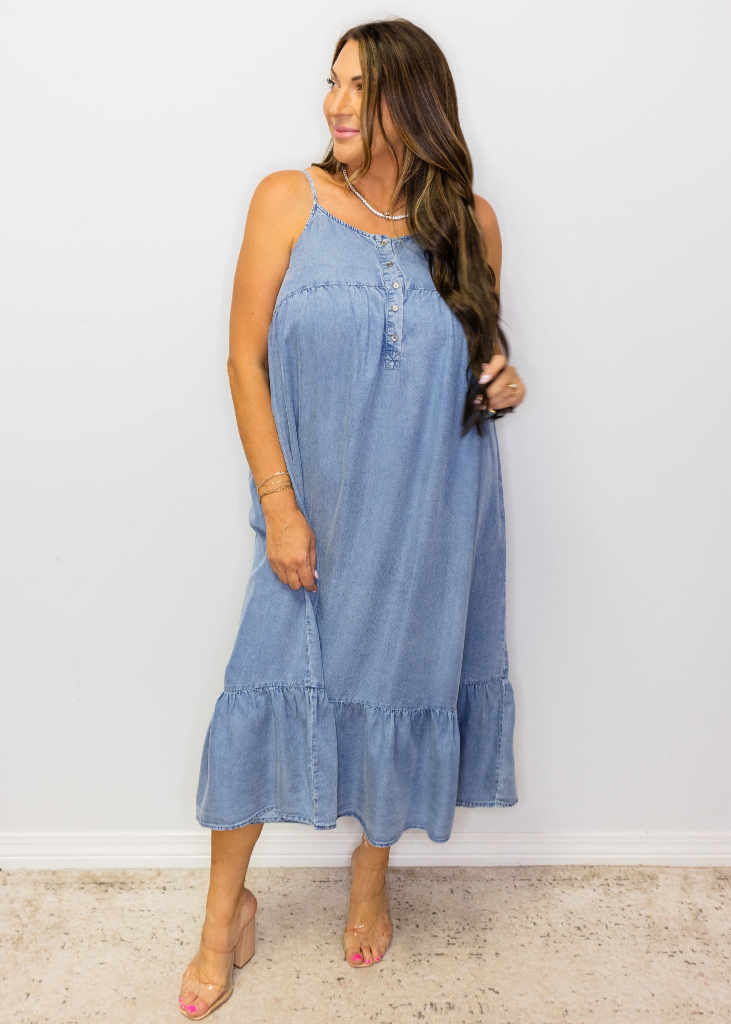 Tencel Chambray Tiered Ruffle Midi Dress