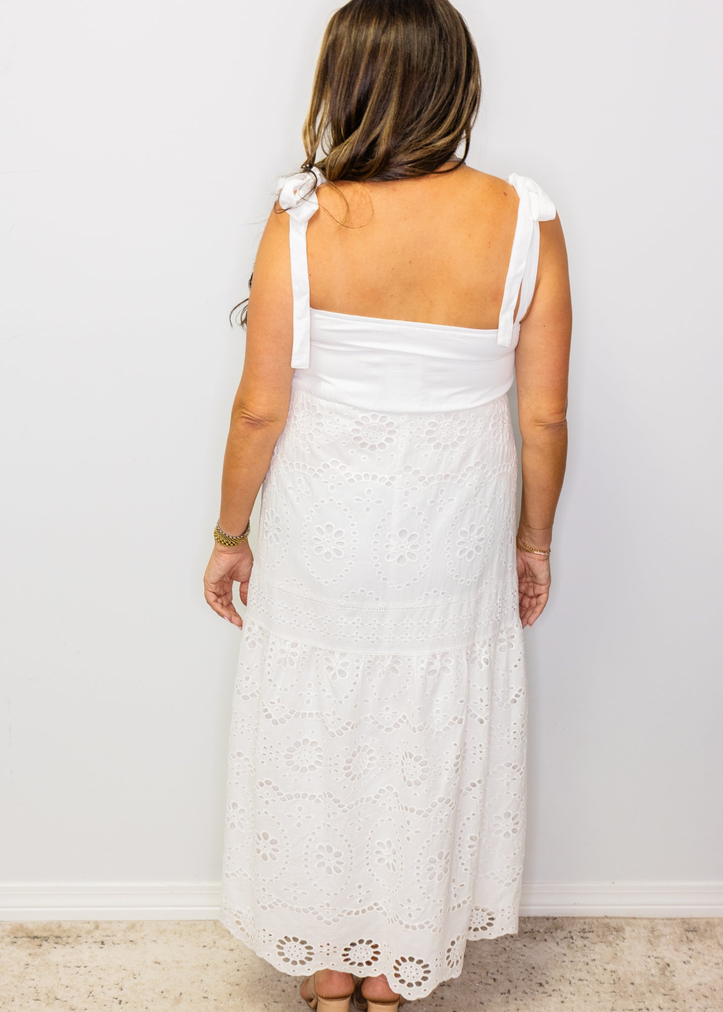 White Eyelet Shoulder Tie Midi Dress