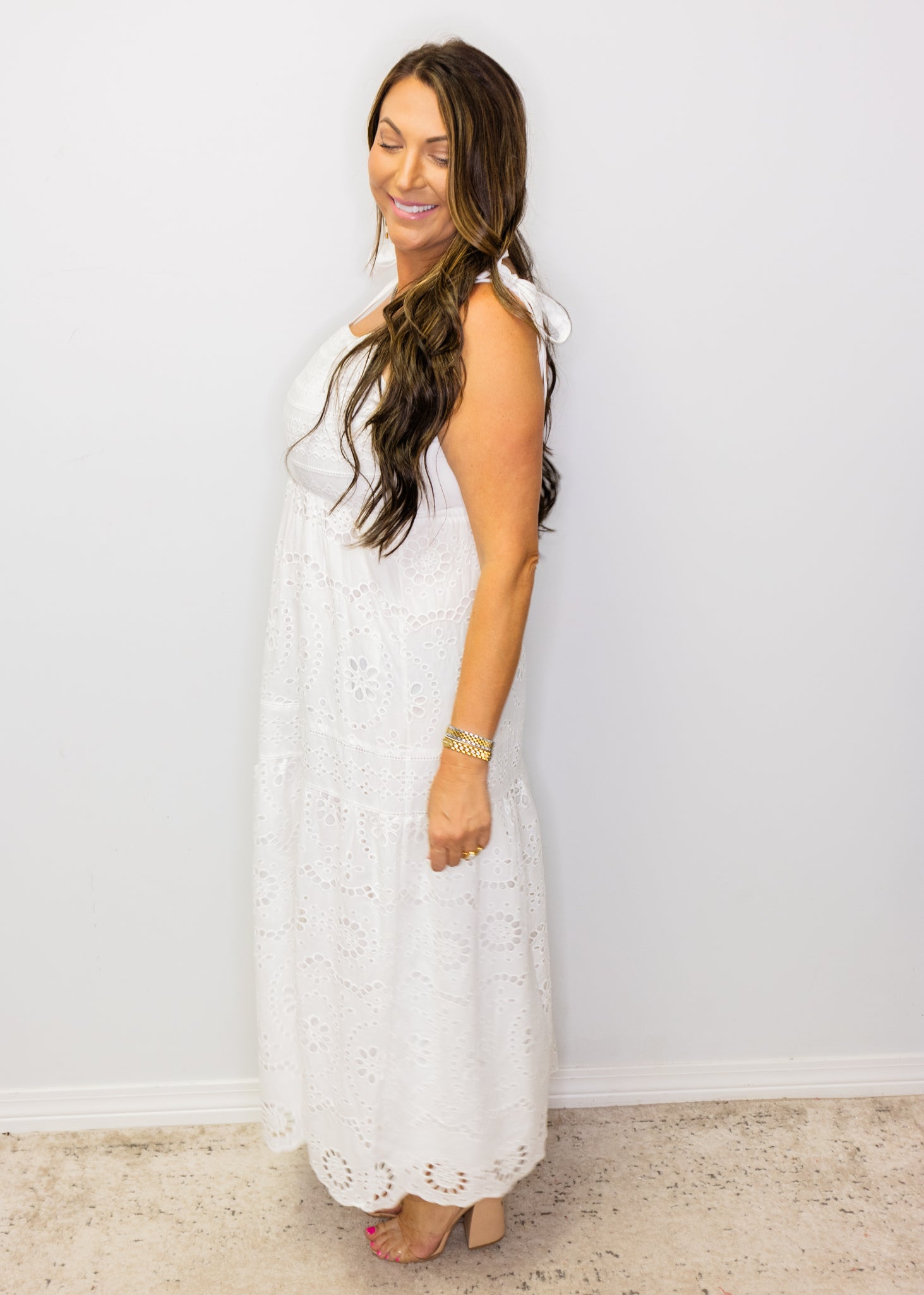 White Eyelet Shoulder Tie Midi Dress