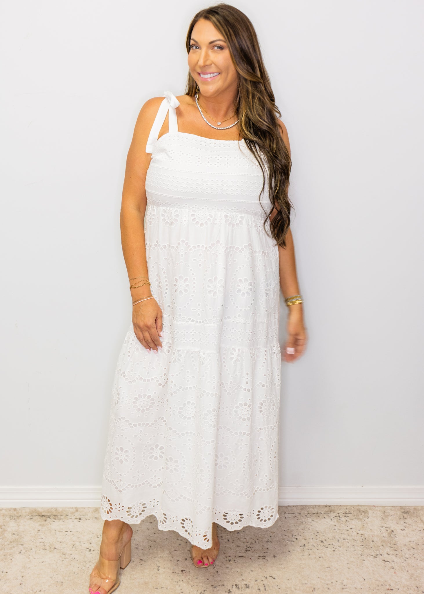 White Eyelet Shoulder Tie Midi Dress