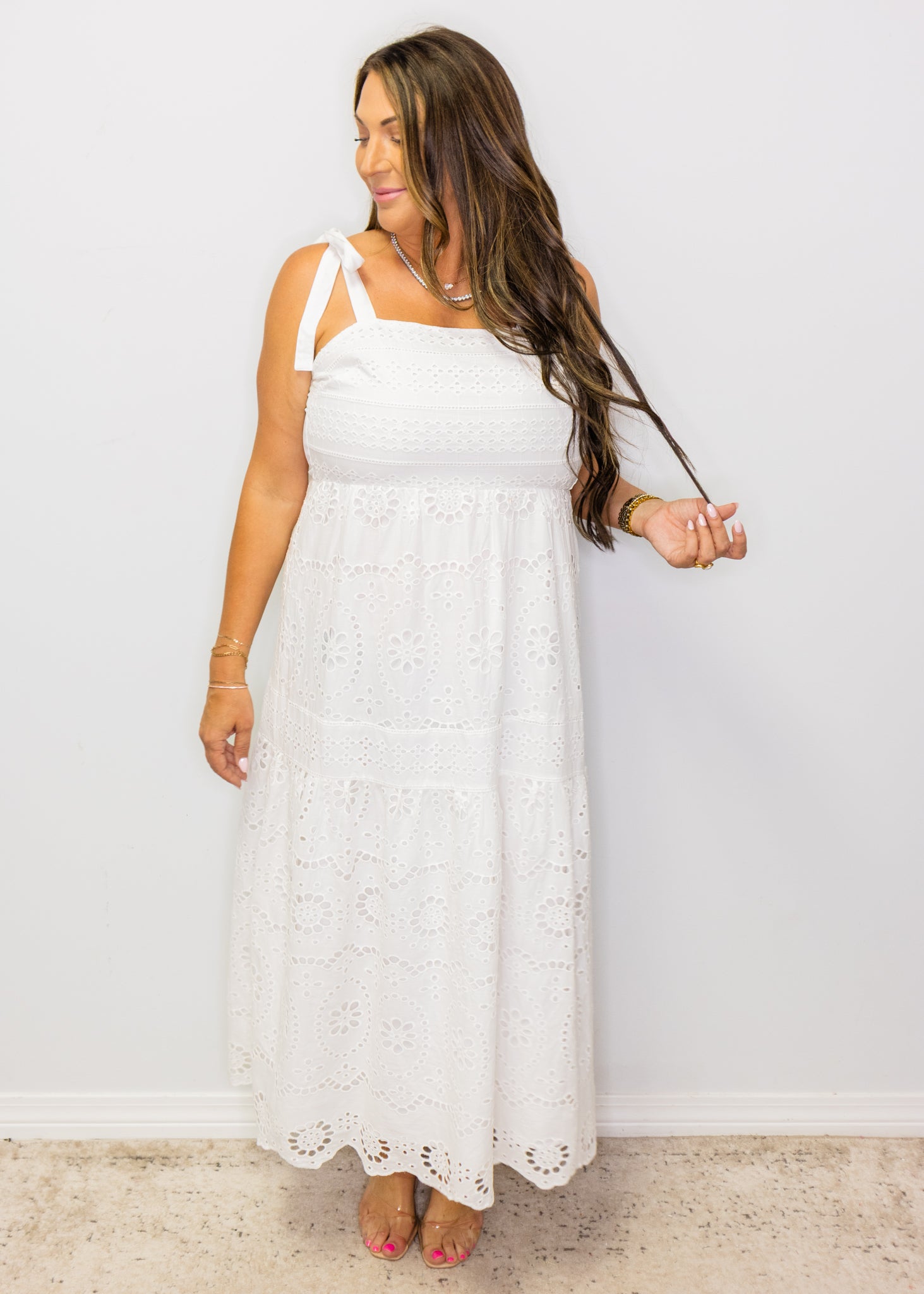 White Eyelet Shoulder Tie Midi Dress
