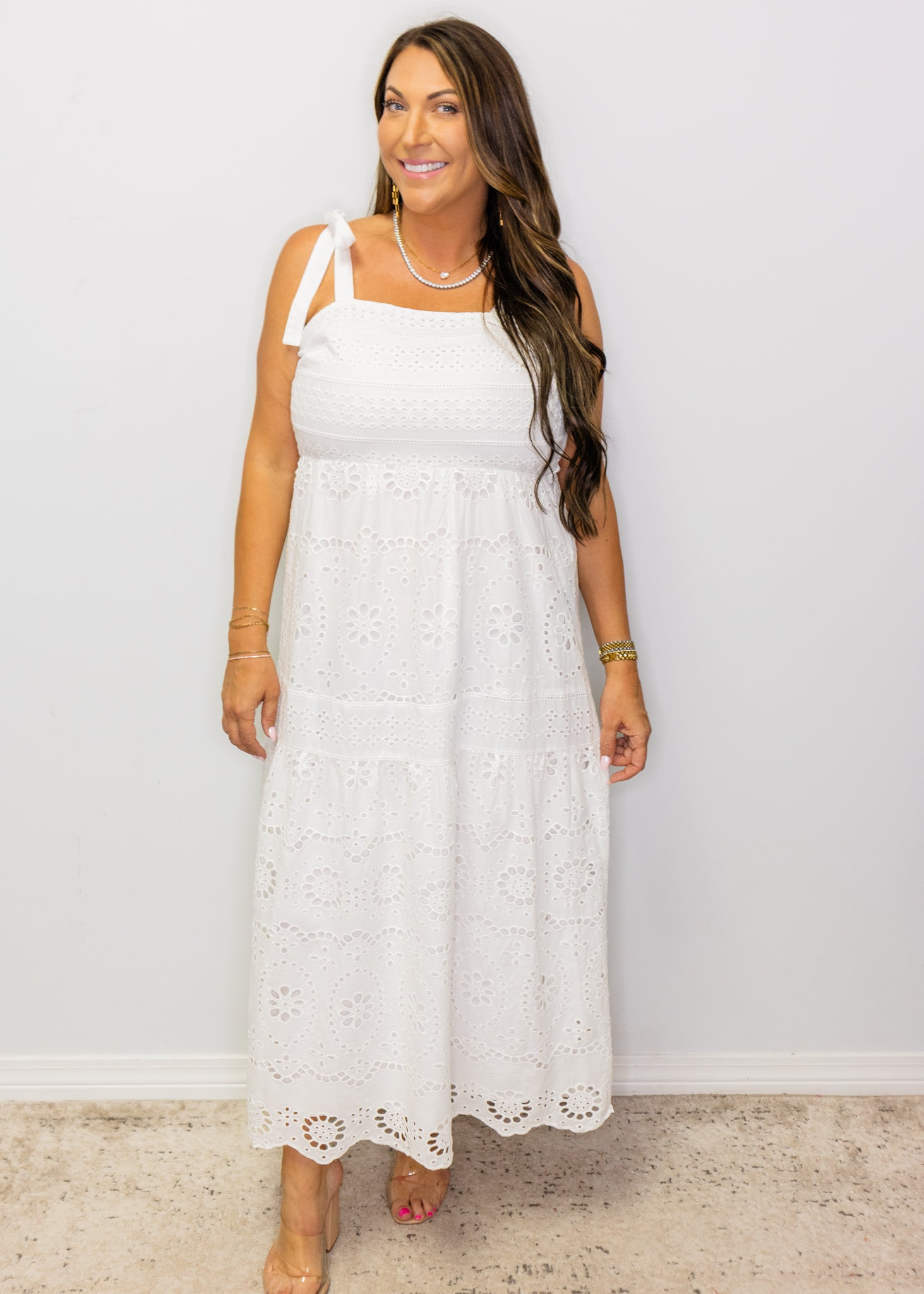 White Eyelet Shoulder Tie Midi Dress