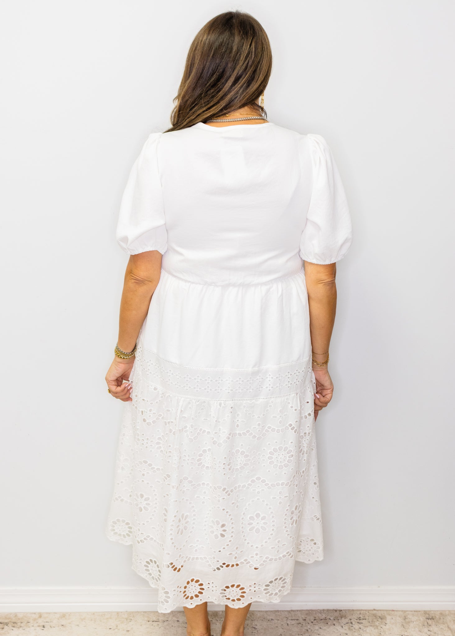 White Eyelet Elastic Waist Midi Dress