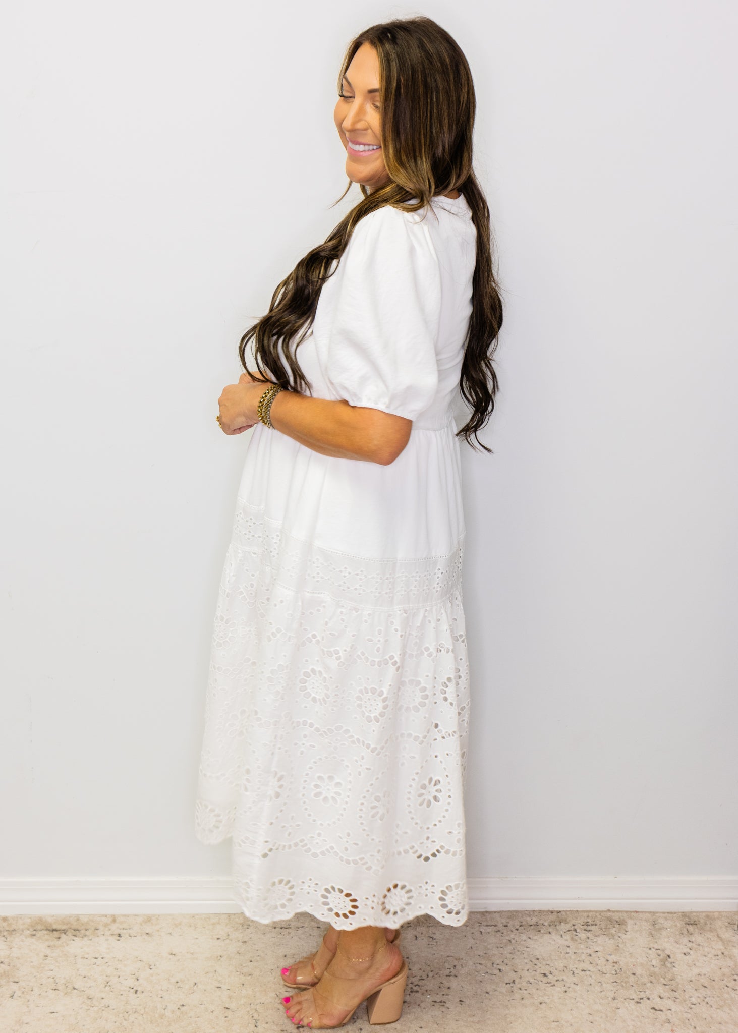 White Eyelet Elastic Waist Midi Dress