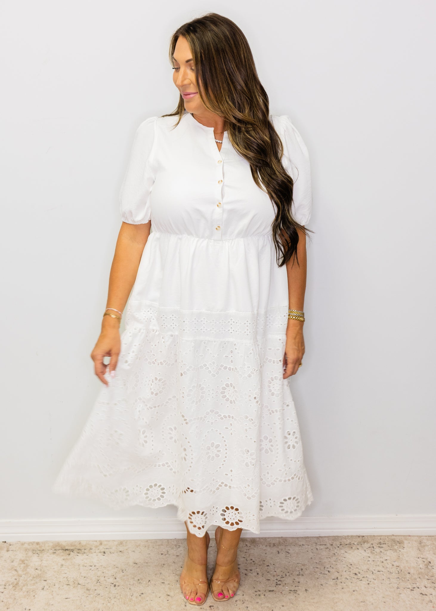 White Eyelet Elastic Waist Midi Dress
