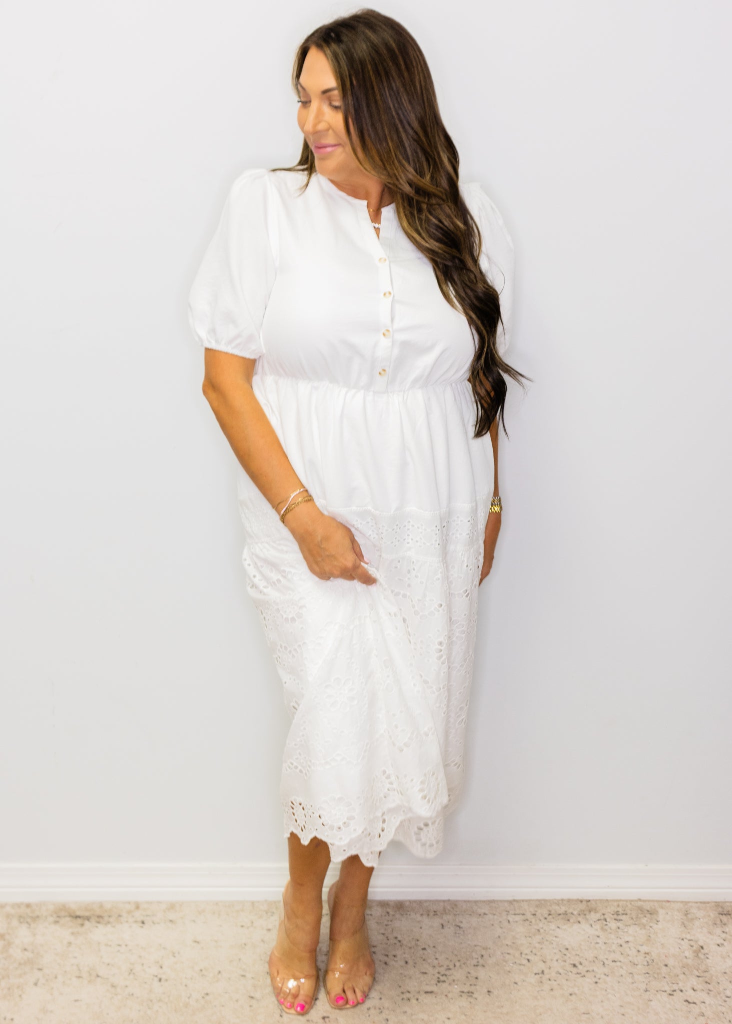 White Eyelet Elastic Waist Midi Dress